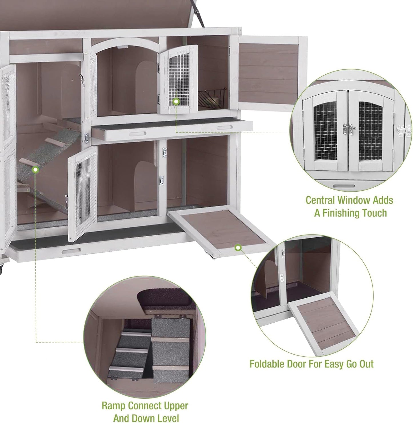 GUTINNEEN Rabbit Hutch Indoor Outdoor Bunny House Guinea Pig Cage on Wheel with Plastic Tray 47inch (Brown)