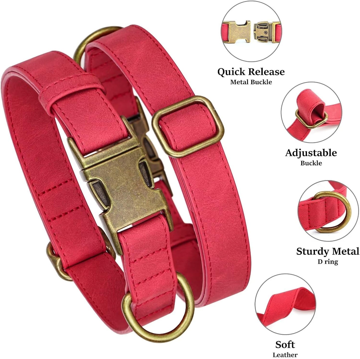 Didog Soft PU Leather Dog Collar, Stylish Quick Released Dog Collar for Large Dogs, Easy Clean Adjustable Pet Collar for Daily Walking, Red, L Fit 15-23" Neck