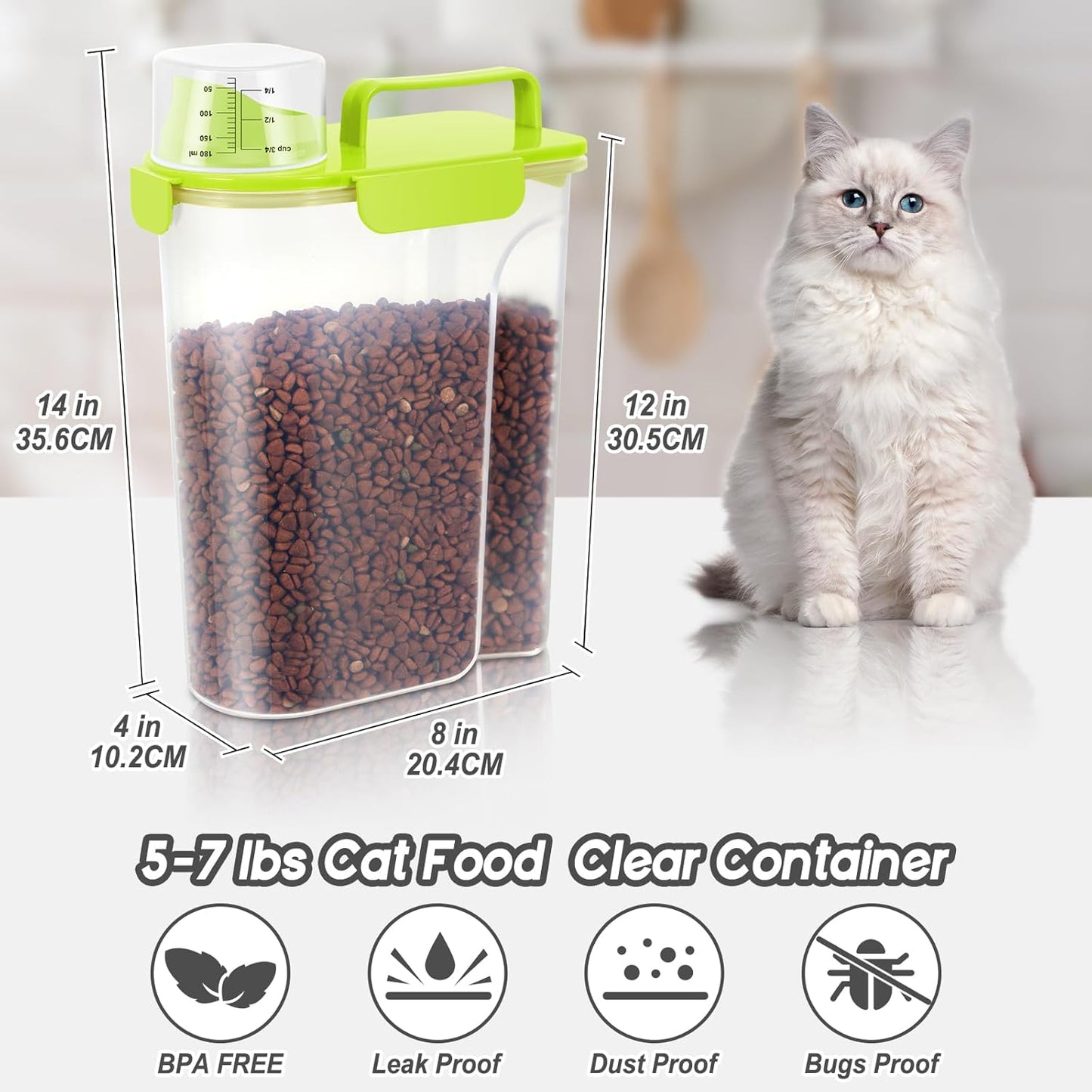 5-7Lbs Cat Dog Storage Container, Portable Pet Food Containers with Upgraded Large Spout and Cup, Small Animal Kibble Dispenser for Bird Seed, Oatmeal, Rice, Flour (1, Bright Green, 5L)