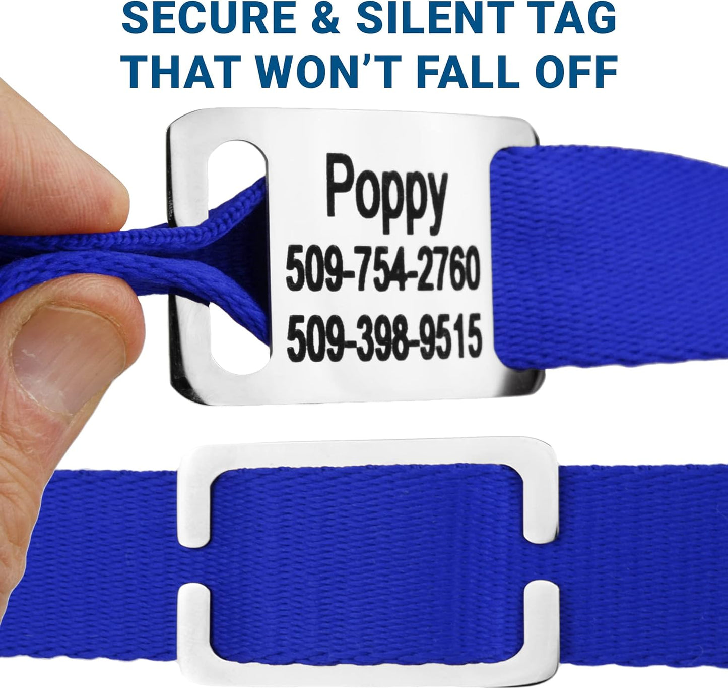 GoTags Personalized Dog Collar with Nameplate, Adjustable Dog Collar with Custom Engraved Slide On Pet ID Tag in Stainless Steel, Silent, No Noise Dog Tag for Large Medium and Small (Blue, Large)