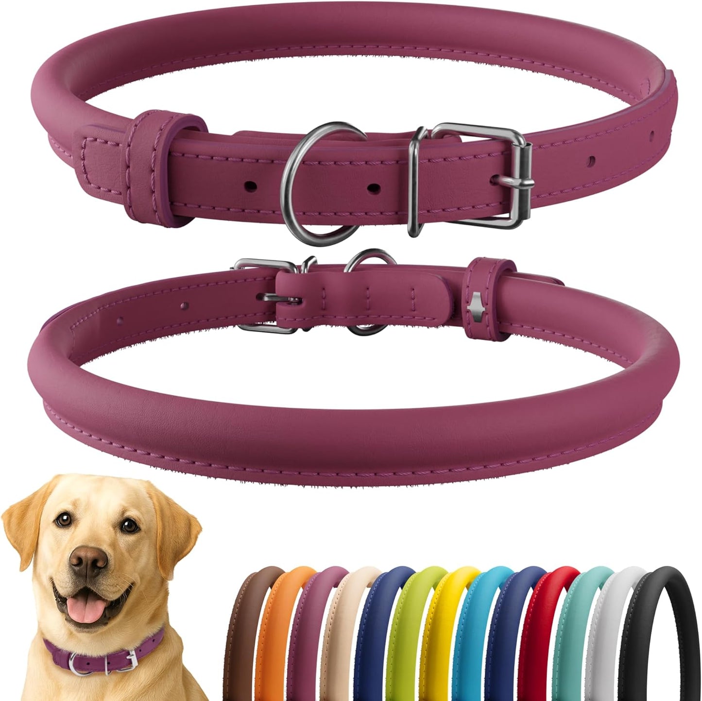 CollarDirect Rolled Leather Dog Collar, Soft Padded Round Puppy Collar, Handmade Genuine Leather Collar Dog Small Large Cat Collars 13 Colors (15-19 Inch, Pink Smooth)
