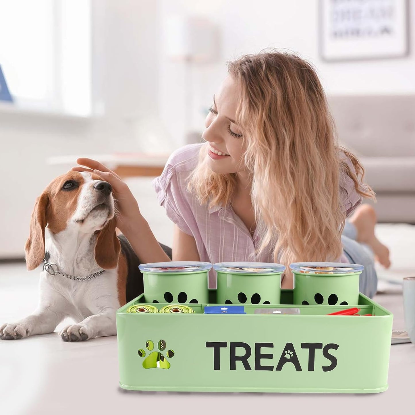 28oz Metal Dog Treat Container Set of 3,Dog Treat Jars with Airtight Lids,Cat Treat Jar,Dog Treat Canister for Countertop,Coated Galvanized Steel Dog Treats Station-Green