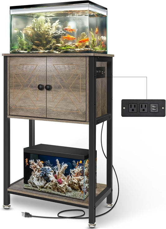 5-10 Gallon Fish Tank Stand, Heavy Duty Aquarium Stand with Cabinet & Power Outlets for Fish Tank Accessories Storage, Double Tank Stand 20.5" L* 11" W Tabletop, 220LBS Capacity, Grey