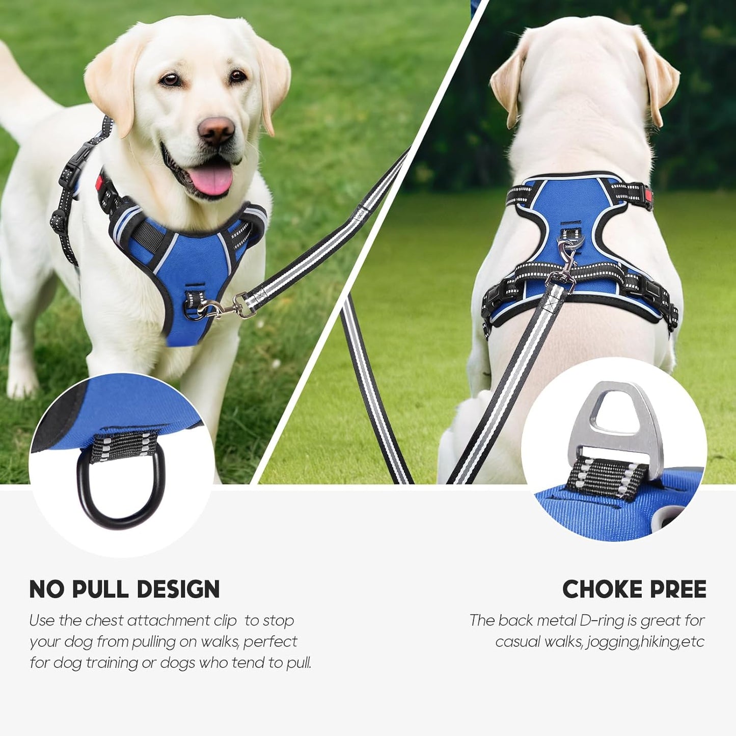 Timos Dog Harness for Large Dogs, No Pull Service Vest with Reflective Strips and Control Handle,No Choke Dog Harness with 2 Metal Rings for Easy Walking,Outdoor Training,Blue, L