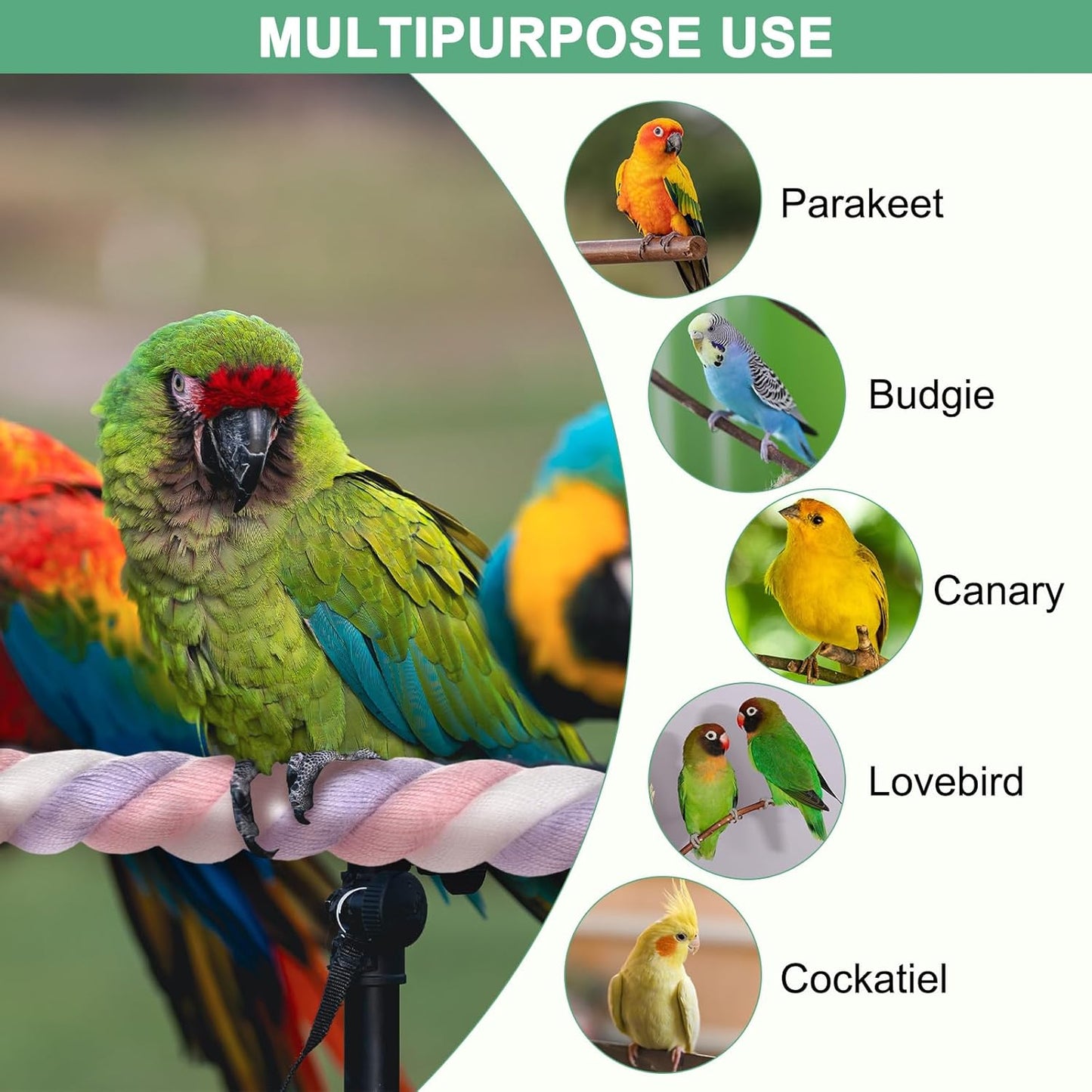 2-Pack Rope Perches for Bird Cages, 31.5 in Length Comfort Grip Flexible Rope Perch Beak & Paw Grinding for Parrots/Cockatiels/Parakeets, Bird Platform Sand [Pink Purple]