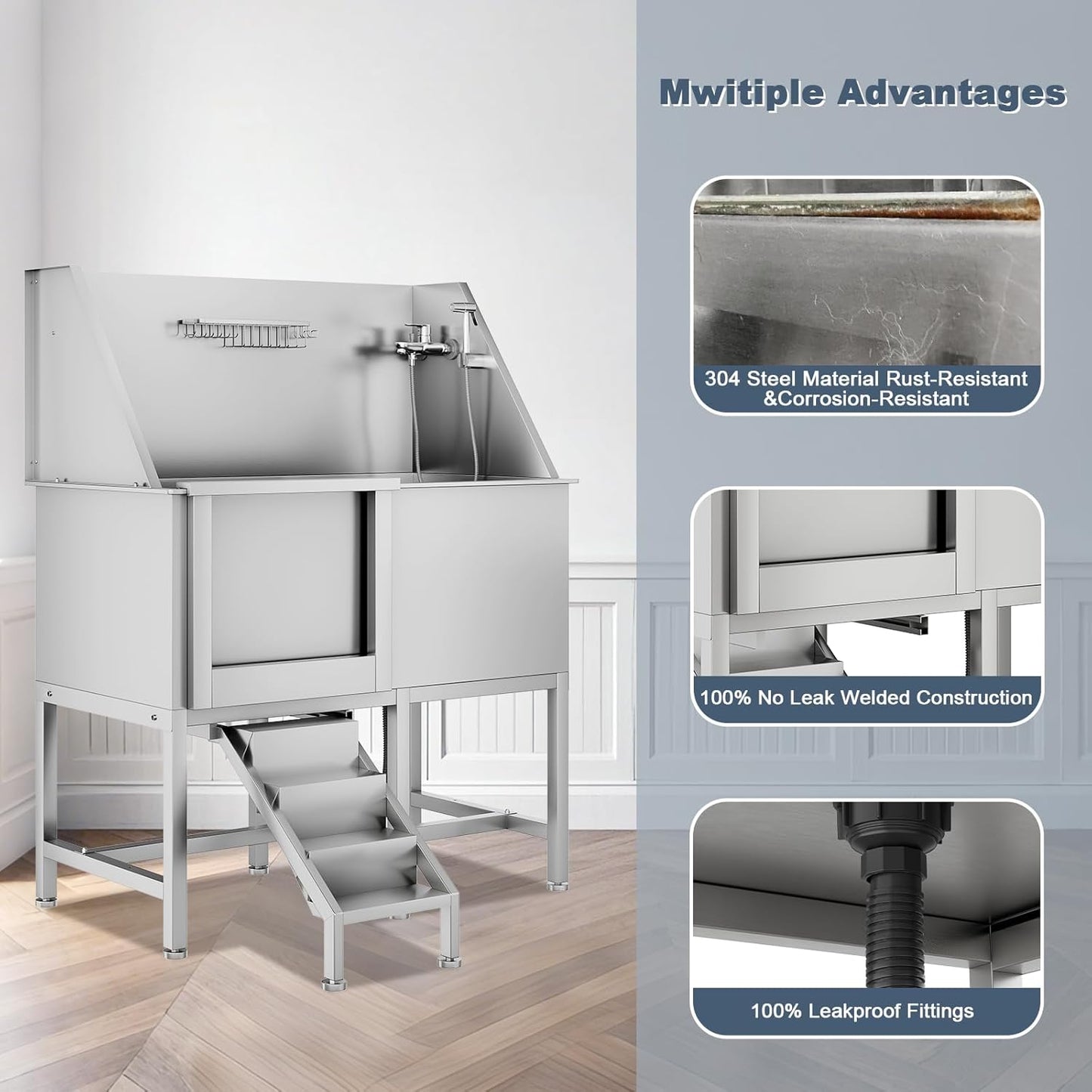 50" Dog Bathtub for Large Dogs, Professional Dog Washing Station with Wash Tub Attachment, Bath Pool for Outdoor, Indoor Shower and Grooming (50" Left Door)