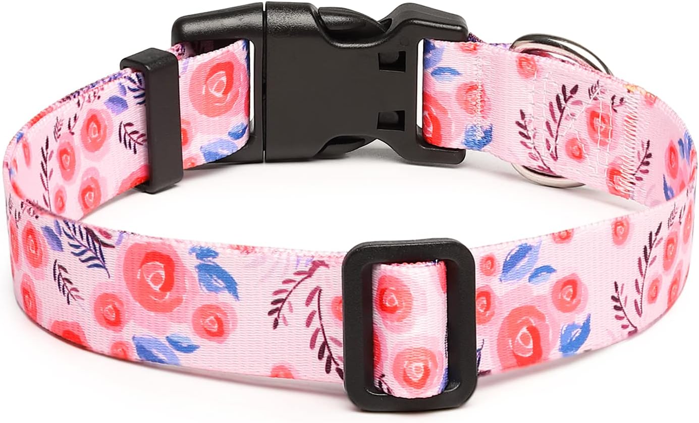 Mercano Adjustable Dog Collar - Special Design Patterns, Soft Nylon Comfortable Durable Pet Collar for Small Medium Large Dogs (S, Rose)