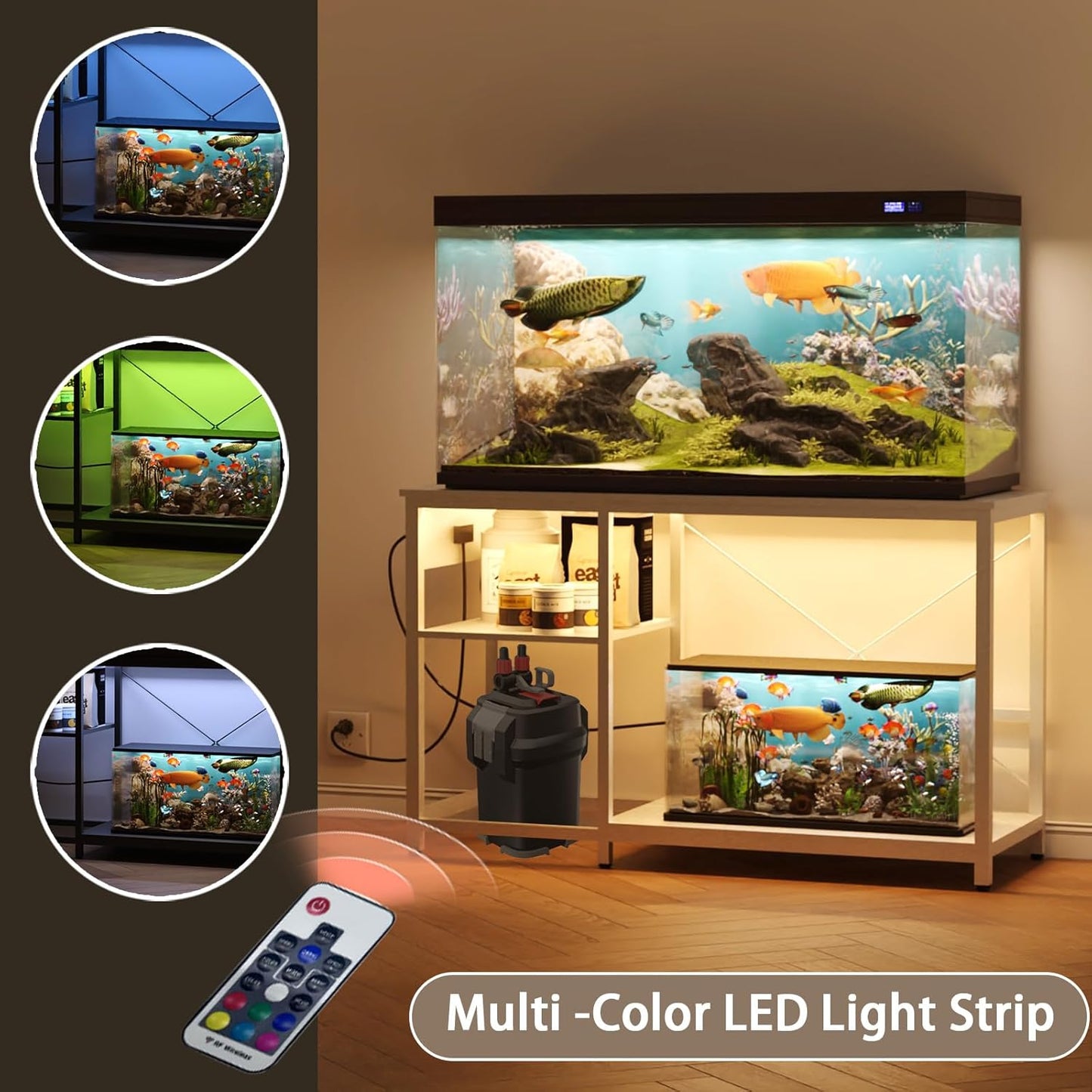 50-75 Gallon Fish Tank Stand with Power Outlet & LED Light, Metal Aquarium Stand with 3 Tier Adjustable Storage Shelves, Tank Stand for Reptile Tank, Turtle Tank, 52" L*19.5" W, White