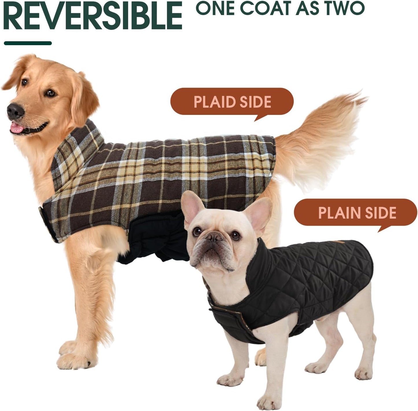 Kuoser Waterproof Dog Coat, Reversible Dog Jacket for Small Dogs, Adjustable Durable Doggie Winter Coat Warm Cozy Puppy Cold Weather Apparel from Small to Large Breed, New Brown S
