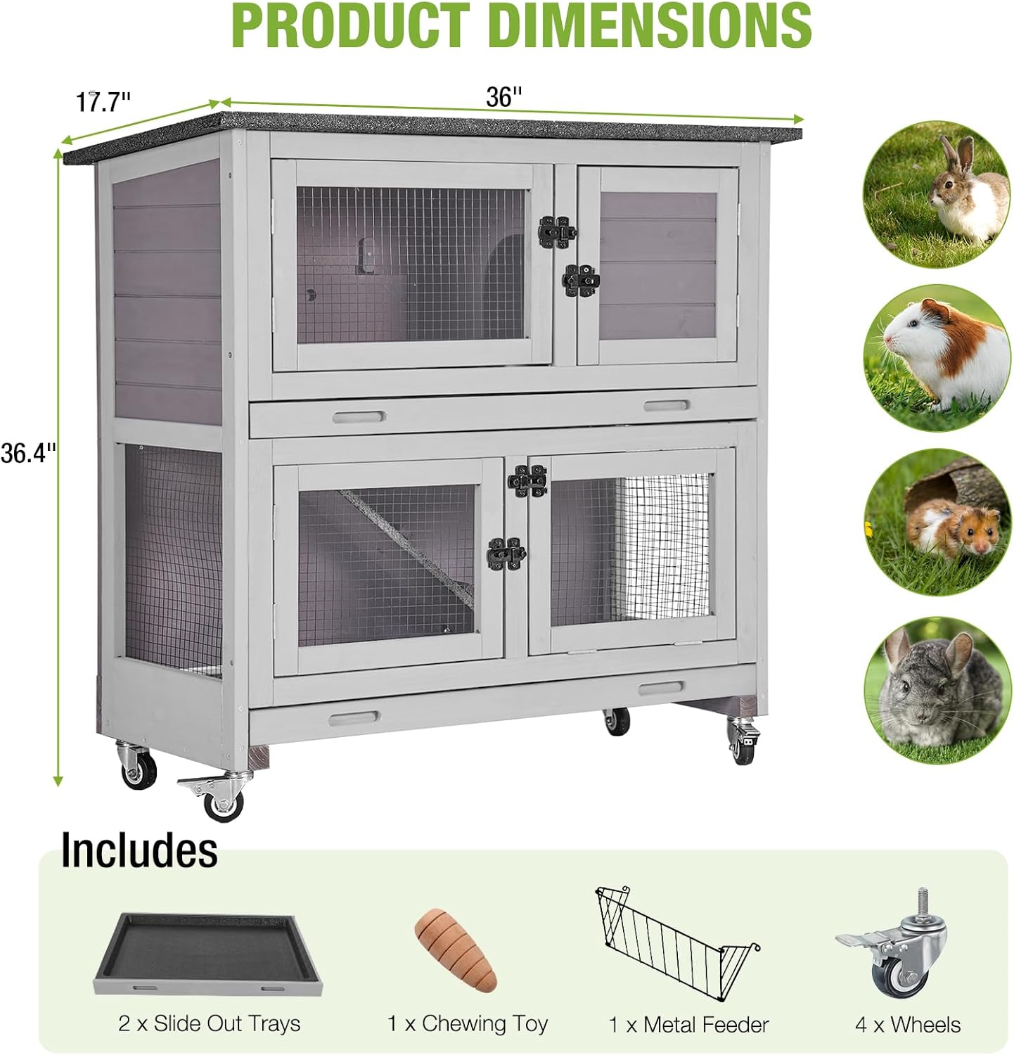 Gutinneen 2-Story Rabbit Hutch with Chew-Proof Ramp, 36" Indoor/Outdoor Rabbit Cage with 4 Casters & 2 Pull-Out Trays, Wooden Bunny Hutch Leakproof Small Animal Cage for Rabbits, Guinea Pigs