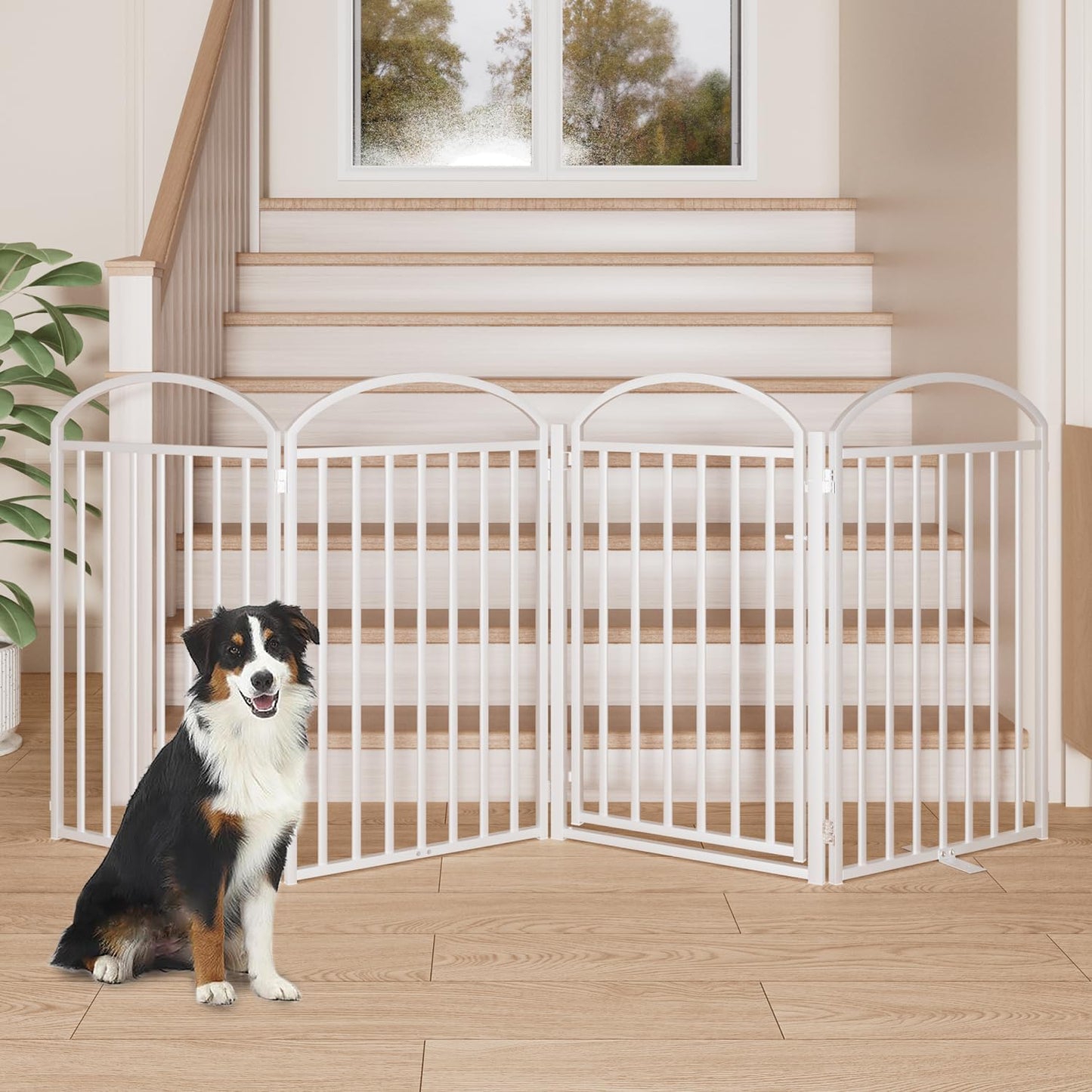 4 Panles Full Matel Freestanding Dog Gates with Door, 96"Extra Wide 36"Tall Free Standing Dog Pet Gate for Indoor & Outdoor. Foldable Pet Fences for Doorways, House, Stairs, Porch, Deck, Yard