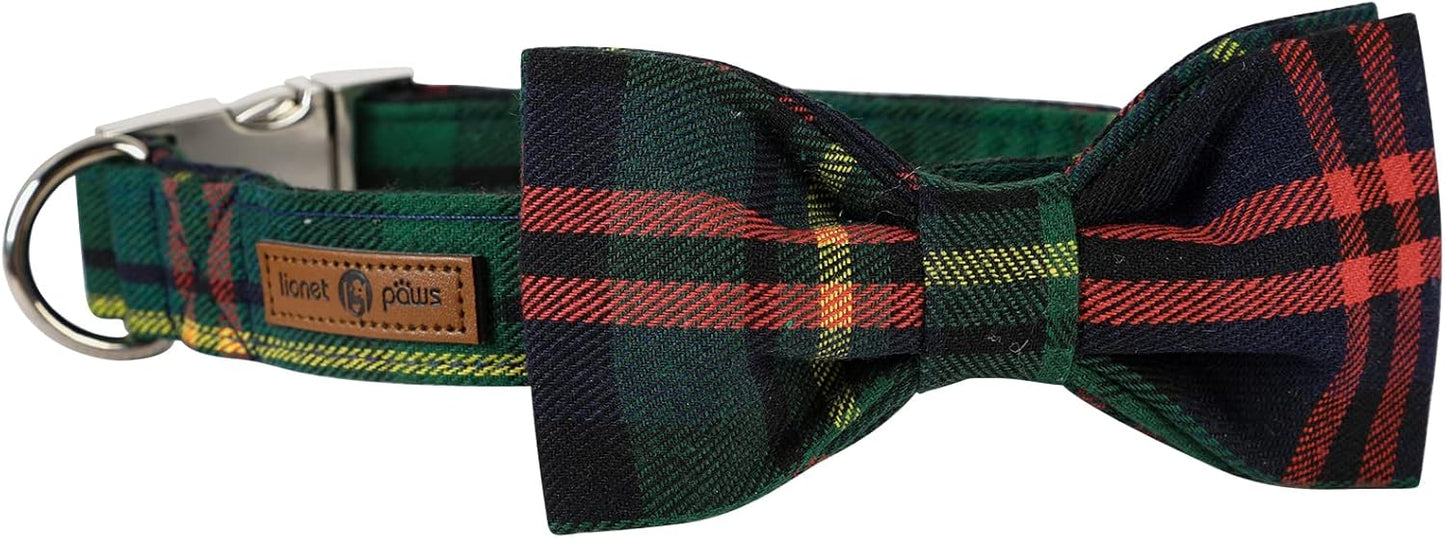 Lionet Paws Christmas Dog Collar with Bowtie Durable Adjustable Handmade Comfortable Bow Tie Dog Collar Green with Metal Buckle for Medium Dogs,Girl Boy,Party,Festival,Holiday Style,Neck 13.5-22in