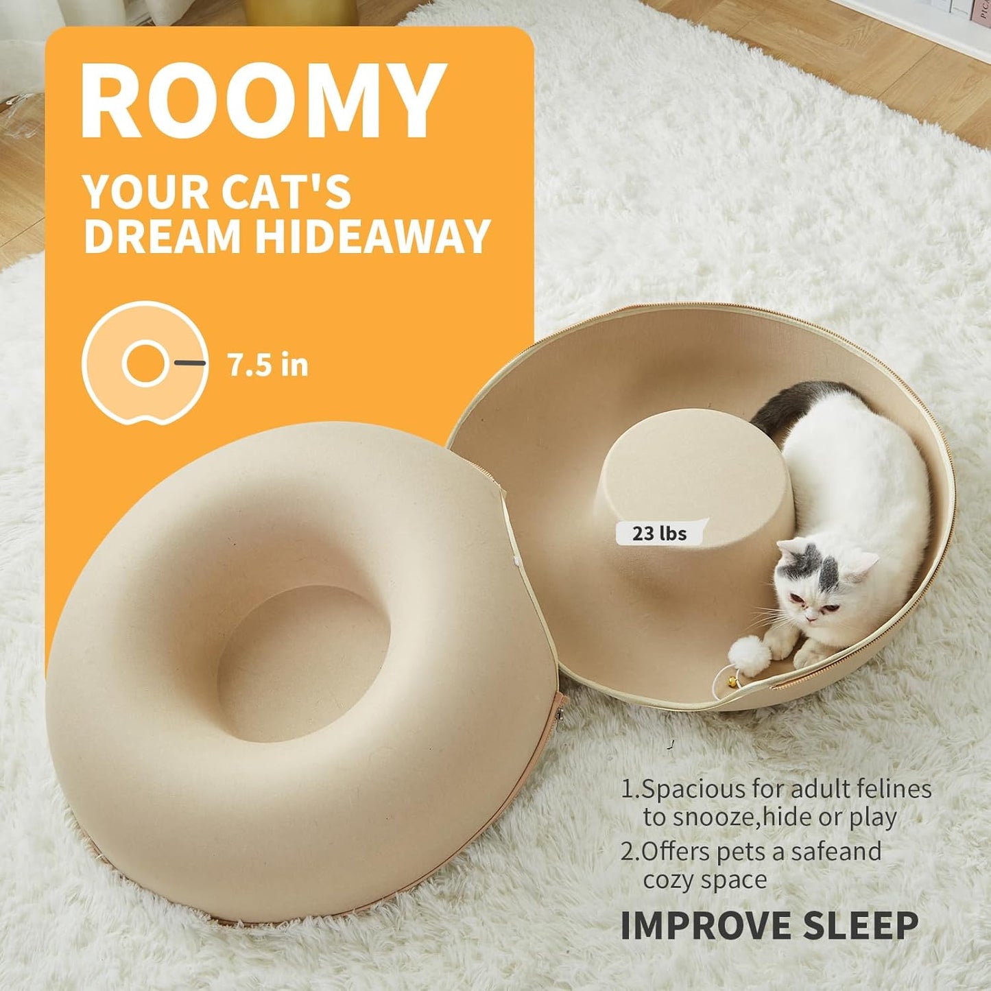 Jia Xi Cat Bed and Hideout, Large Indoor Cat Condo with Tunnel and Cave (24 inch, Beige)