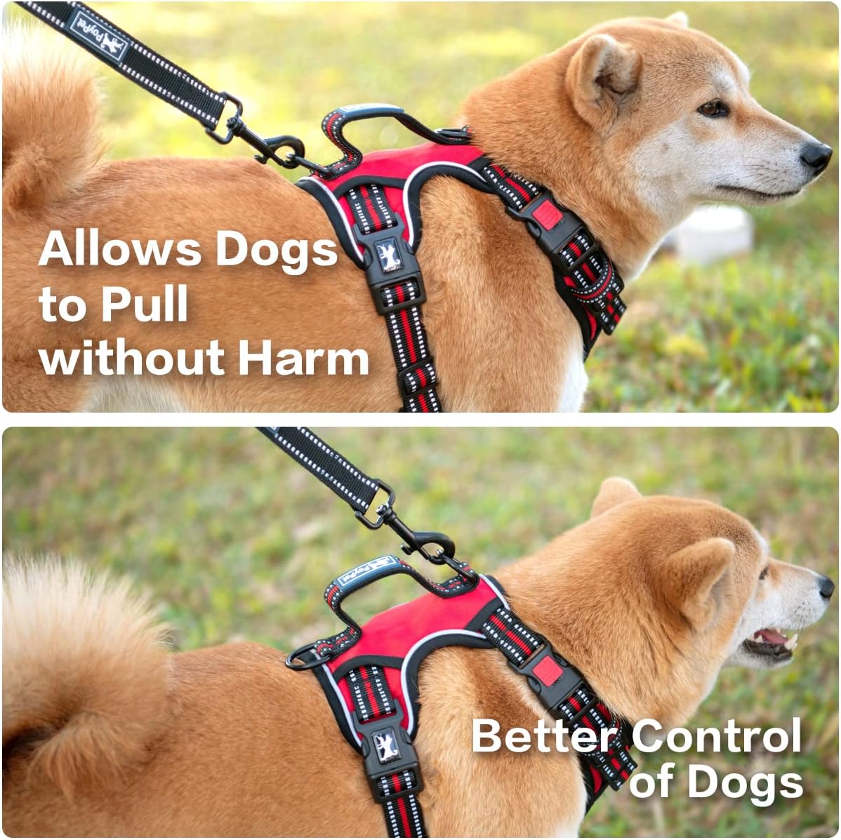 PoyPet No Pull Dog Harness, No Choke Front Clip Reflective Dog Vest with Soft Padded Vertical Handle, 3 Leash Attachments for Small Medium Large Dogs (Red,XL)