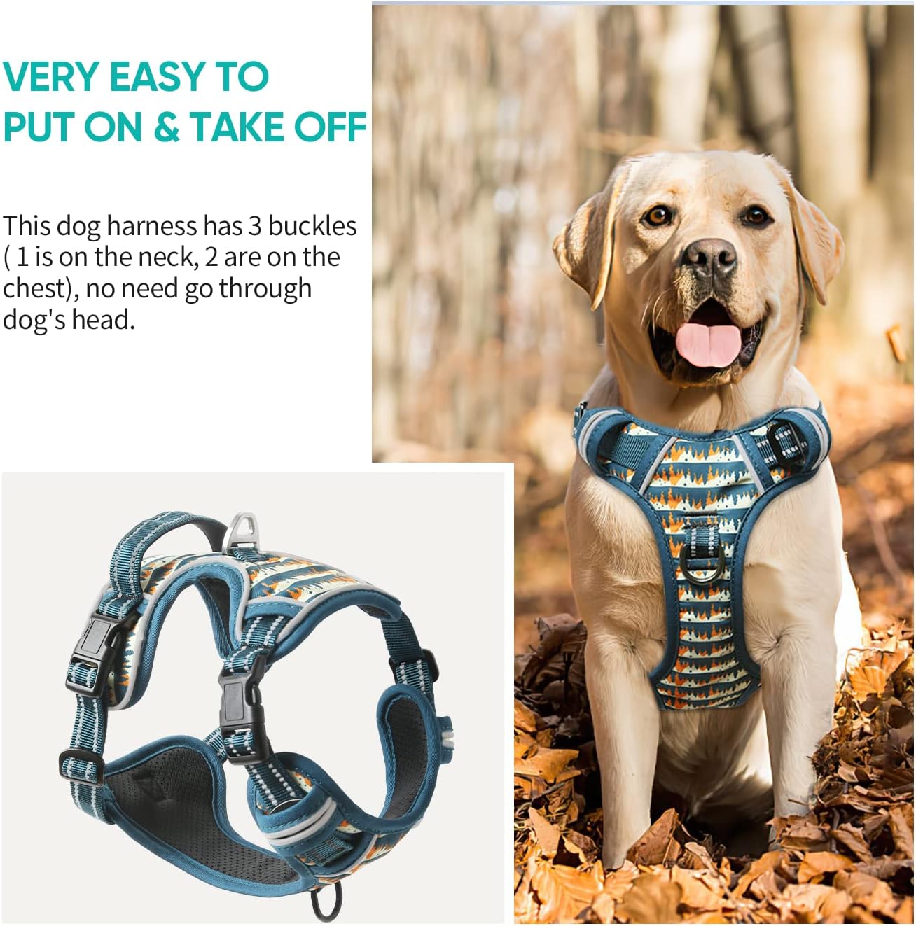 Timos Dog Harness, NO Need Go Over Dogs Head 3 Snap Buckles with 2 Leash Clips, Adjustable Soft Padded No-Pull Dog Harness, Reflective No-Choke Pet Oxford Vest for Small Medium Large Dogs