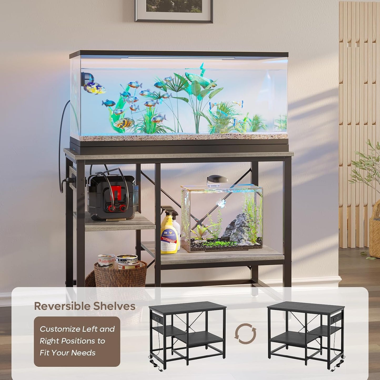 40-50 Gallon Fish Tank Stand with Charging Station, 36x19 Metal Aquarium Stand with 3-Tiers Adjustable Storage Shelves, 6-Legs Reptile Terrarium Stand, 660 LBs