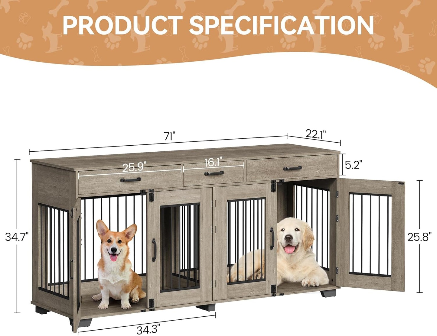 71 in Dog Crate Furniture for 2 Dogs, Wooden Double Dog Crate with 3 Drawers and Removable Room Divider, XXL Indoor Dog Kennel TV Stand End Table with Double Doors for Large Medium Dogs, Grey