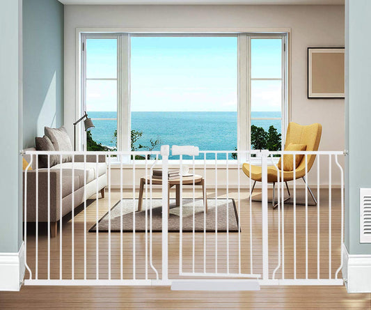 ALLAIBB Extra Wide Pressure Mounted Baby Gate Walk Through Child Kids Safety Toddler Tension White Long Large Pet Dog Gates with Extension for doorways Kitchen and Living Room (71.65-76.38"/182-194cm)