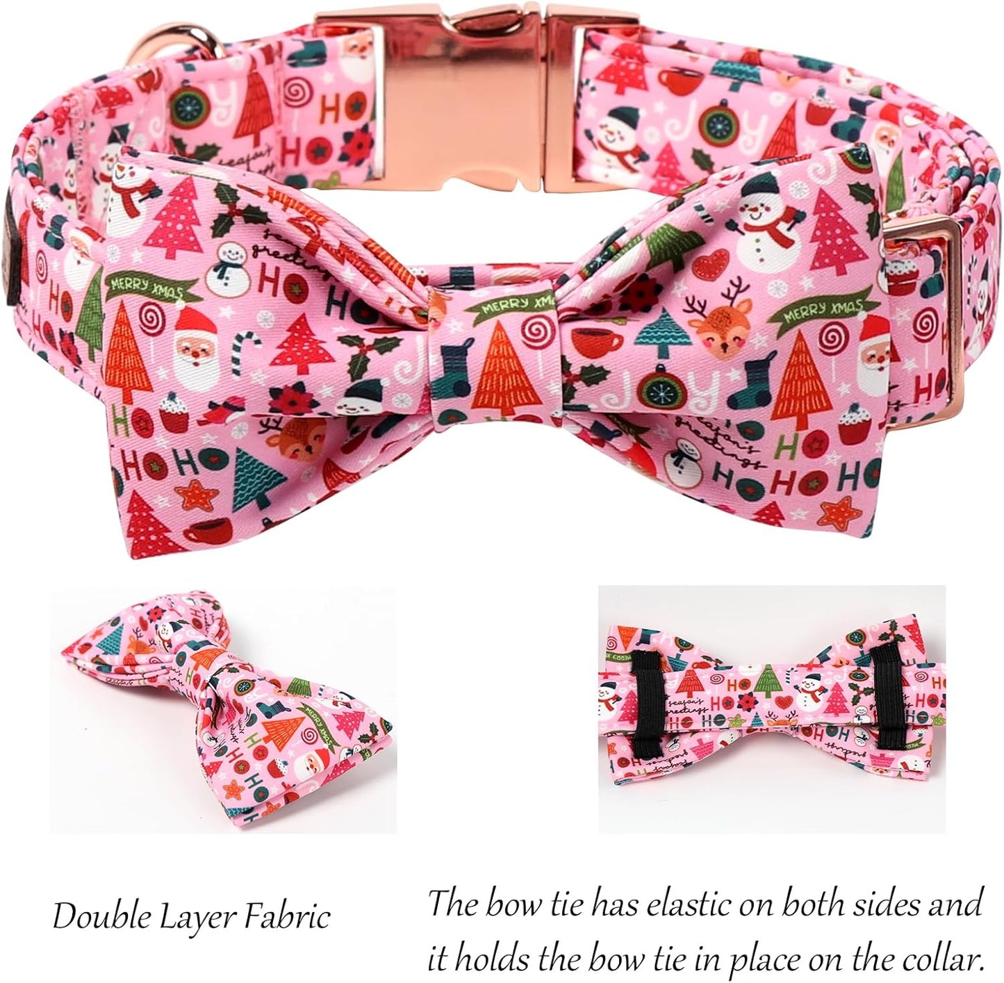 Lionet Paws Christmas Dog Collar with Bow tie,Cute Ho Christmas Tree Snowman Pink Dog Collar Bow Tie for Dogs Female, Small, Neck 10-16 inches