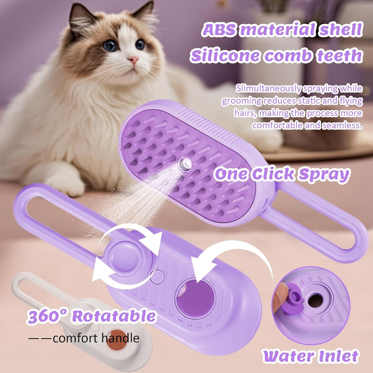 4 in 1 Cat & Dog Steam Brush for Long/Short Hair Shedding - Rechargeable Pet Grooming Brush with Anti-Static Steam Spray, Foldable Handle & Dual Massage Modes for Home Pet Spa Cleaning