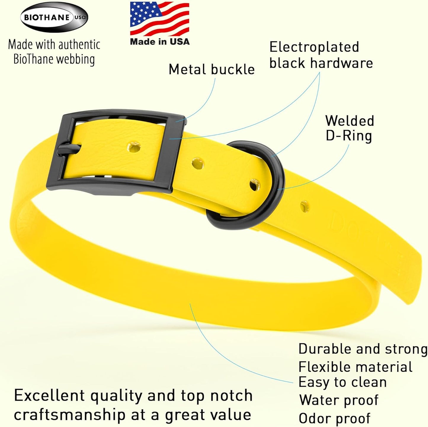 Dogline Biothane Waterproof Dog Collar Strong Coated Nylon Webbing with Black Hardware Odor- Proof for Easy Care Easy to Clean High Performance Fits Small Medium or Large Dogs, Lemon Yellow