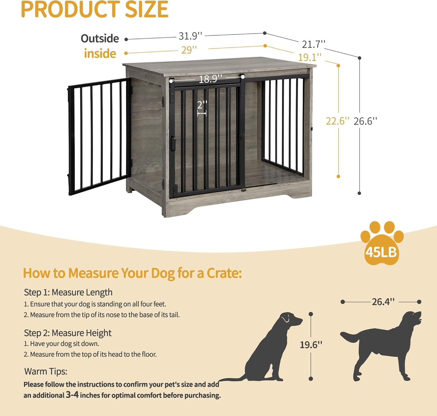 31.9" Dog Crate Furniture with Barn Door, Heavy Duty Dog Kennel Indoor with 2 Doors, Wooden Pet Cage End Table for Small Medium Dogs up to 44 lb, Anti-Chew Anti-Escape, Greige DFC83605B