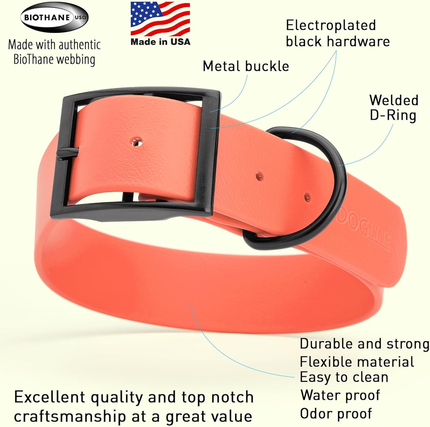 Dogline Biothane Waterproof Dog Collar Strong Coated Nylon Webbing with Black Hardware Odor- Proof for Easy Care Easy to Clean High Performance Fits Small Medium or Large Dogs, Coral