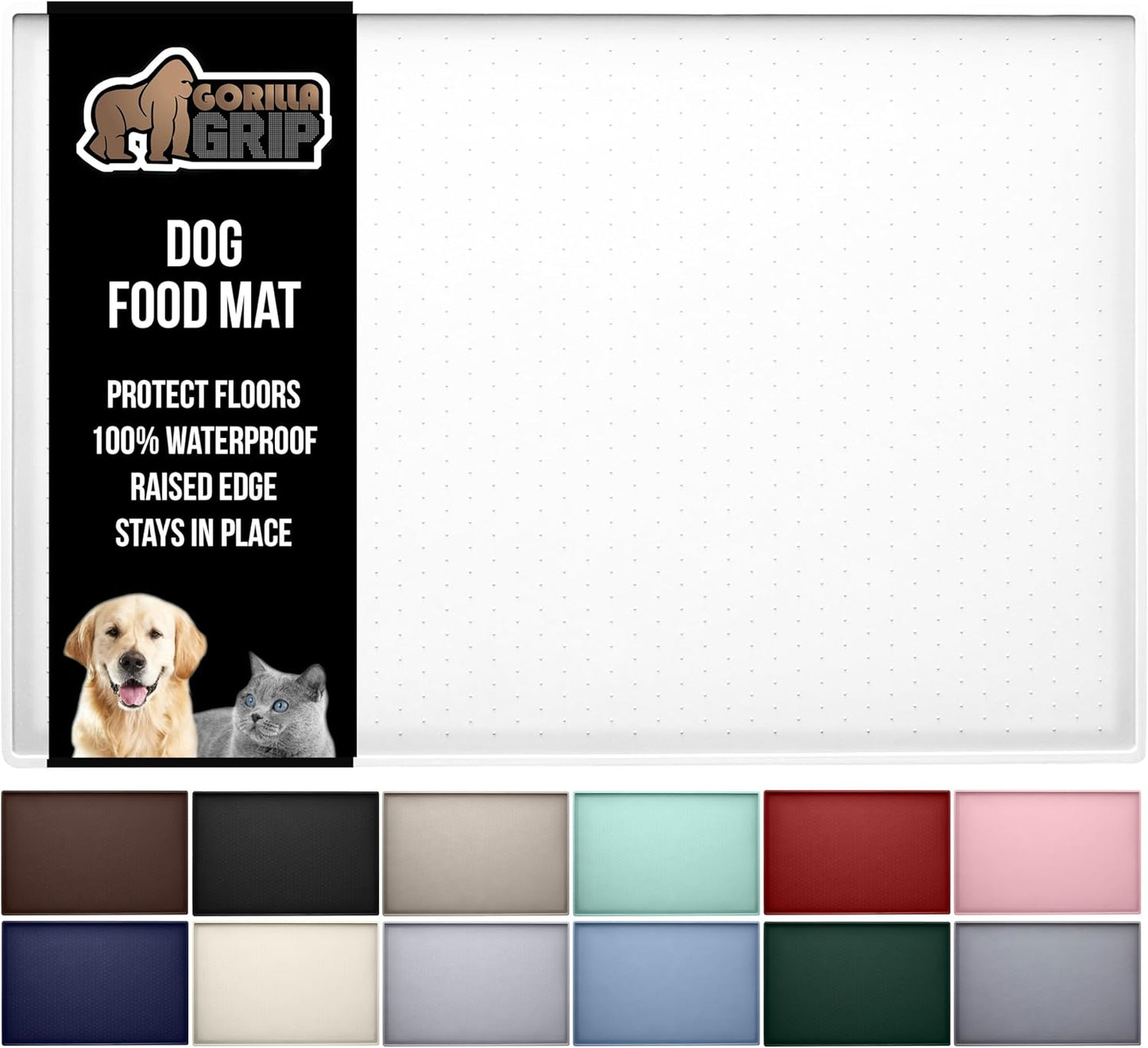 GORILLA GRIP 100% Waterproof Raised Edge BPA Free Silicone Pet Feeding Mat, Dog Cat Food Mats Contain Spills Protects Floors, Placemats for Cats and Dogs Water Bowl, Pets Accessories 32x24 White