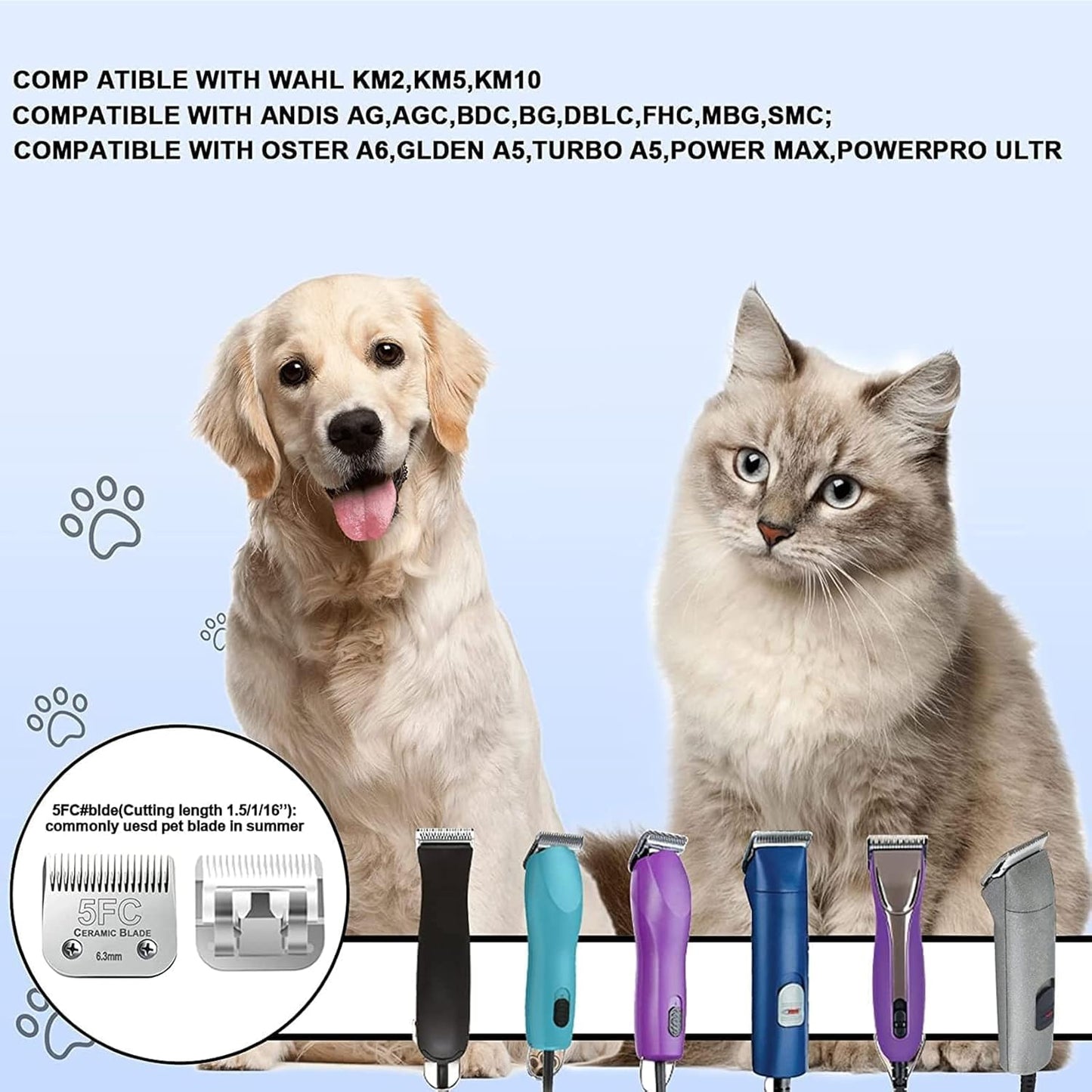 5FC Blade Dog Grooming Clipper Replacement Blades Compatible with Andis Dog Clippers,Detachable Ceramic Blade & Stainless Steel Blade,Size-5 FC 1/4-Inch Cut Length (64122)