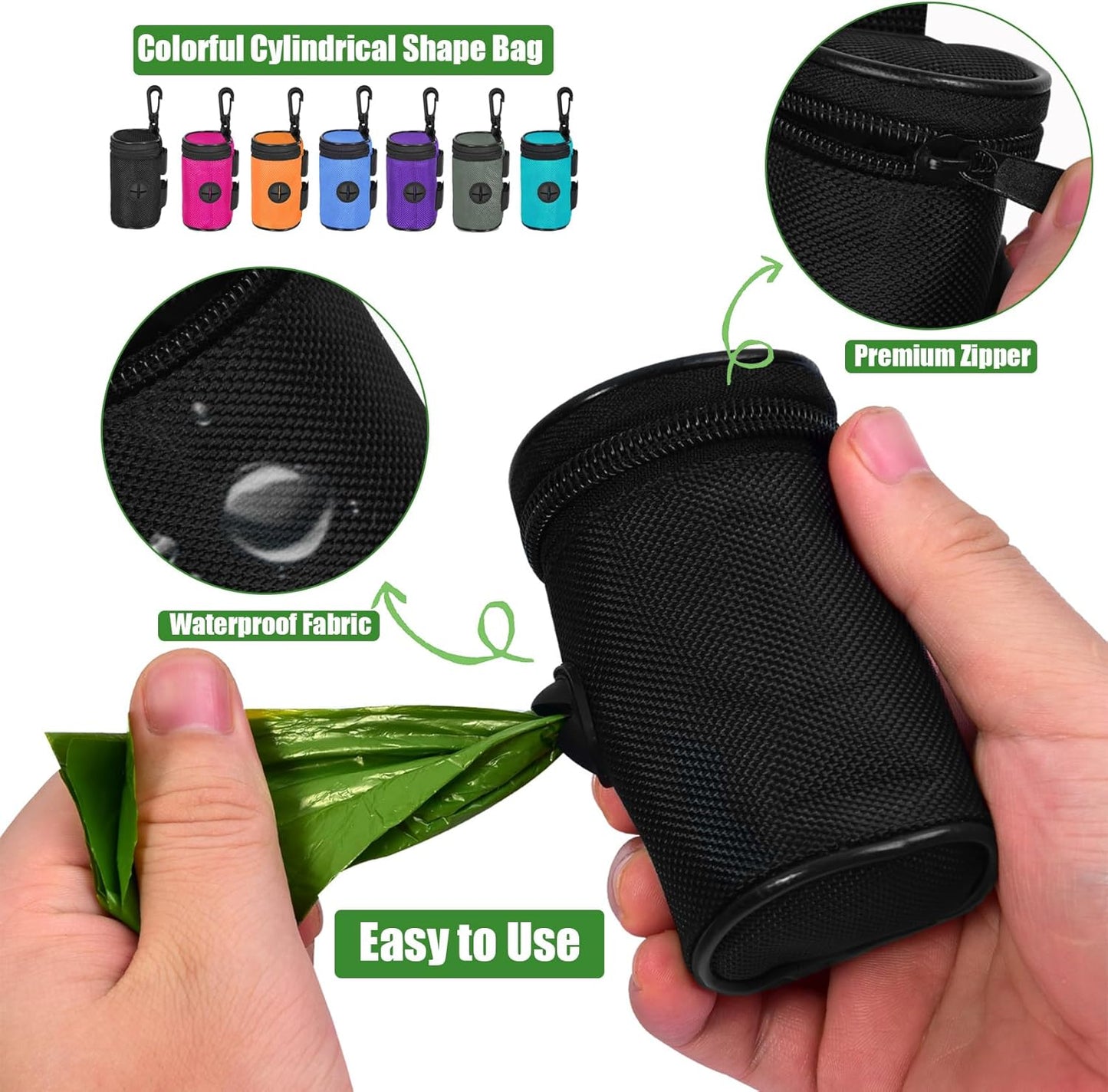2 Pack Dog Poop Bag Holder for Leash Attachment - Waste Bag Dispenser for Leash - Fits Any Dog Leash - Portable Set with Hand Free Holder Metal Carrier, Black Round Shape