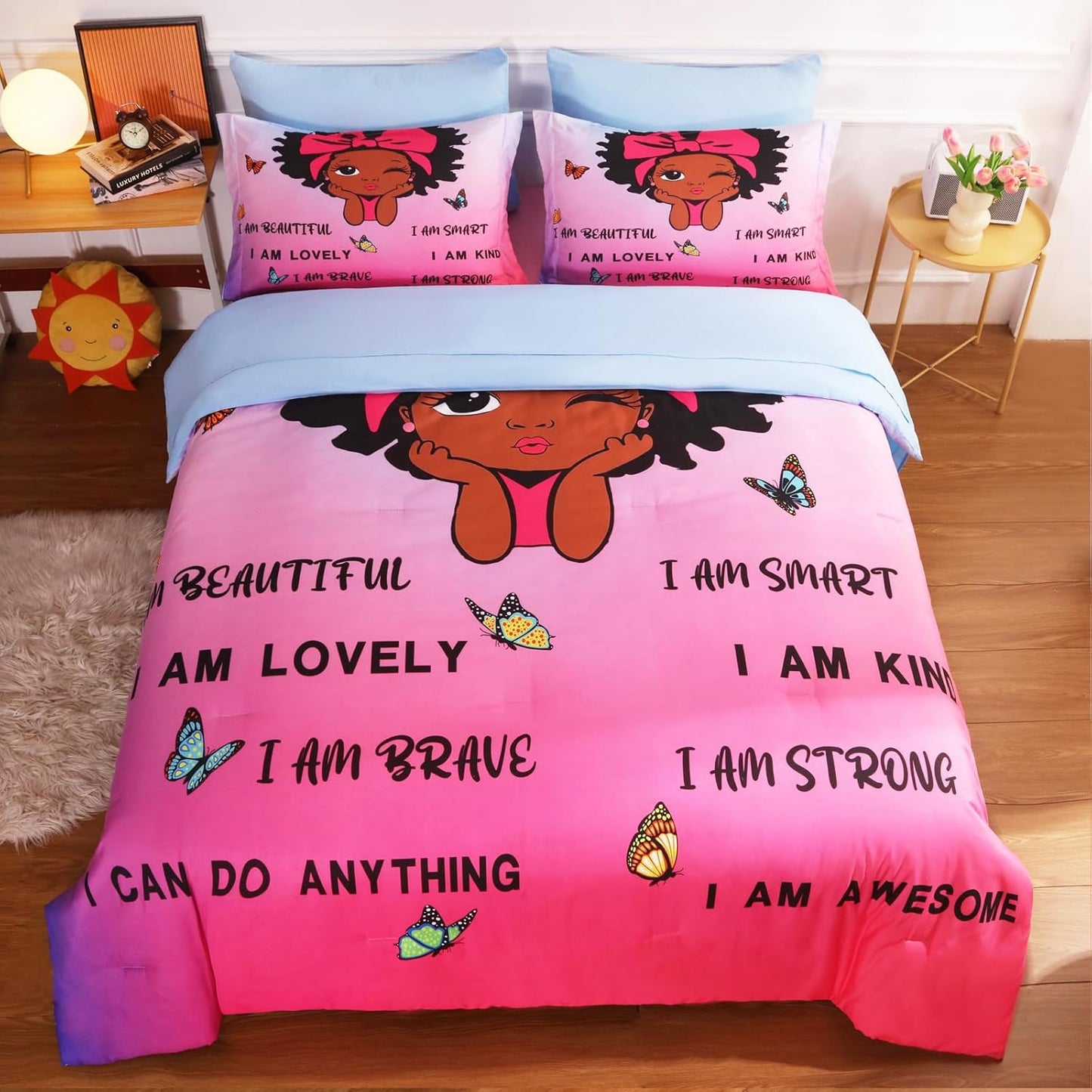 7 Piece Black Girls Magic Comforter Set Twin Size African American Girl Bedding Sets Bed in A Bag for Kids Teens Inspirational Quotes Pink Blue Quilt Room Decor