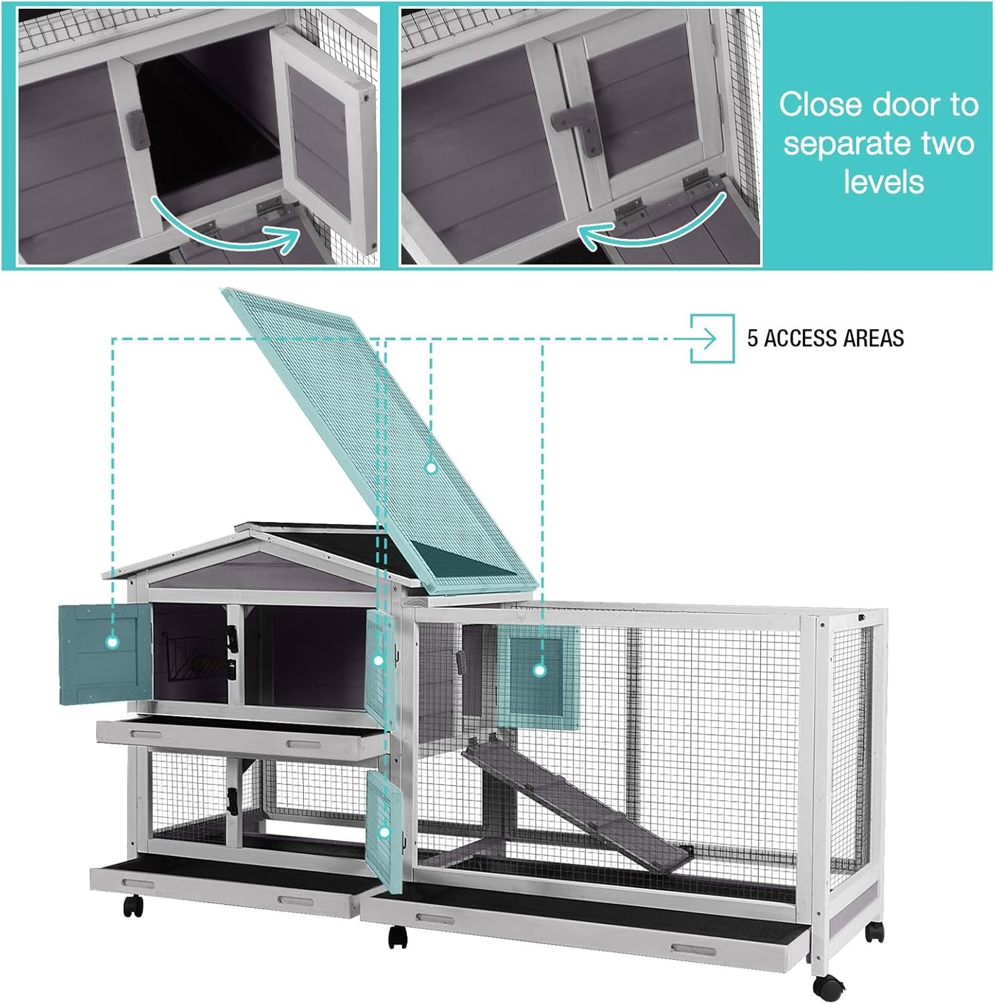 62" Rabbit Hutch with Chew-Proof Ramp & Waterproof Roof - Indoor/Outdoor Bunny Cage, 2-Story Design, 6 Lockable Caster Wheels & Dual Pull-Out Trays (Grey)