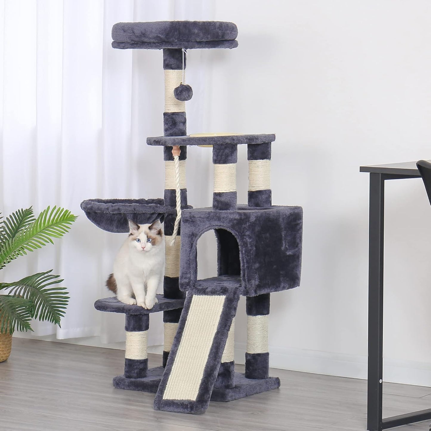 Heybly Cat Tree, Cat Tower for Indoor Cats with Scratching Board, Multi-Level Cat Furniture Condo with Feeding Bowl Smoky Gray HCT010SG