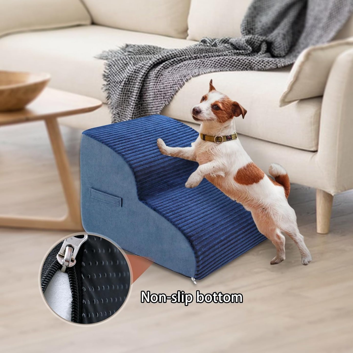 High Density Foam Dog Stairs Steps, 13.7’’ Non-Slip Extra Wide Deep Pet Steps for Beds Or Couches, for Injured or Older Pets Dogs and Cats with Joint Pain, 2-Tiers (Navy Blue)