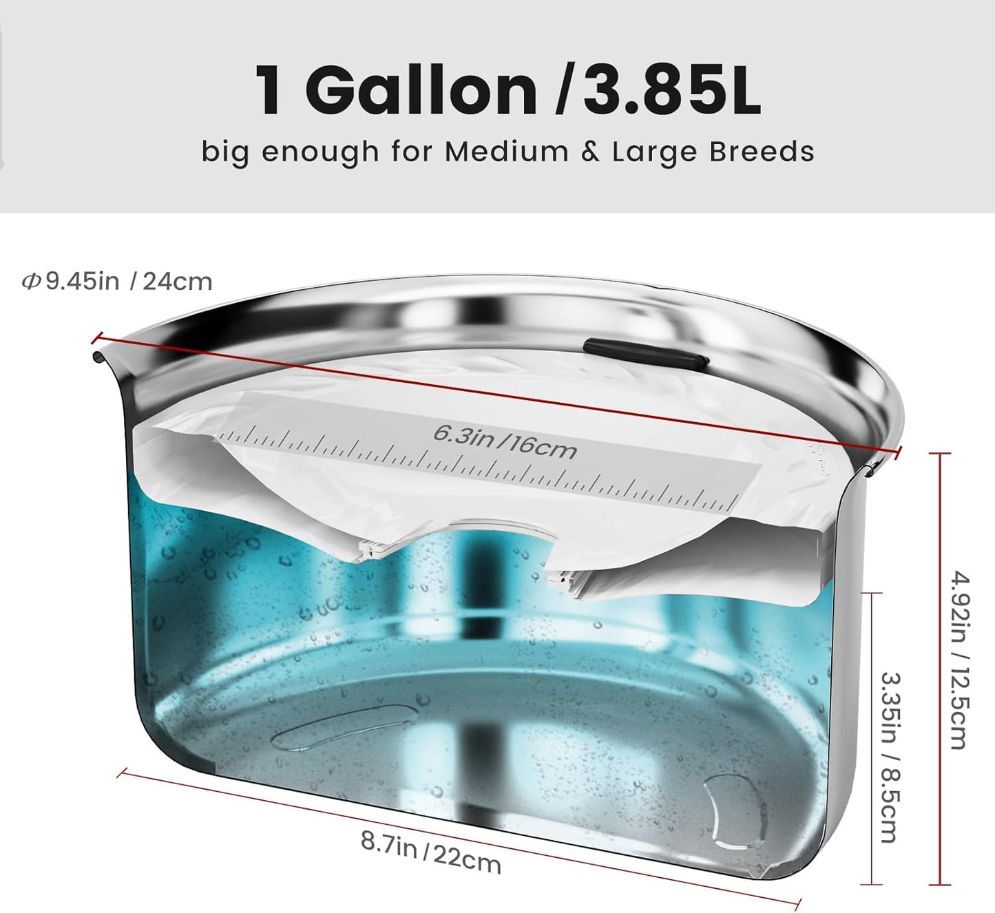 Gardner Pet Dog Bowls 1 Gallon (3.85L) Stainless Steel No Spill Water Bowl, Slow Water Feeder Metal Dog Bowls, Spill Proof Water Dispenser for Large Dogs, Promotes Healthy Hydration(White)
