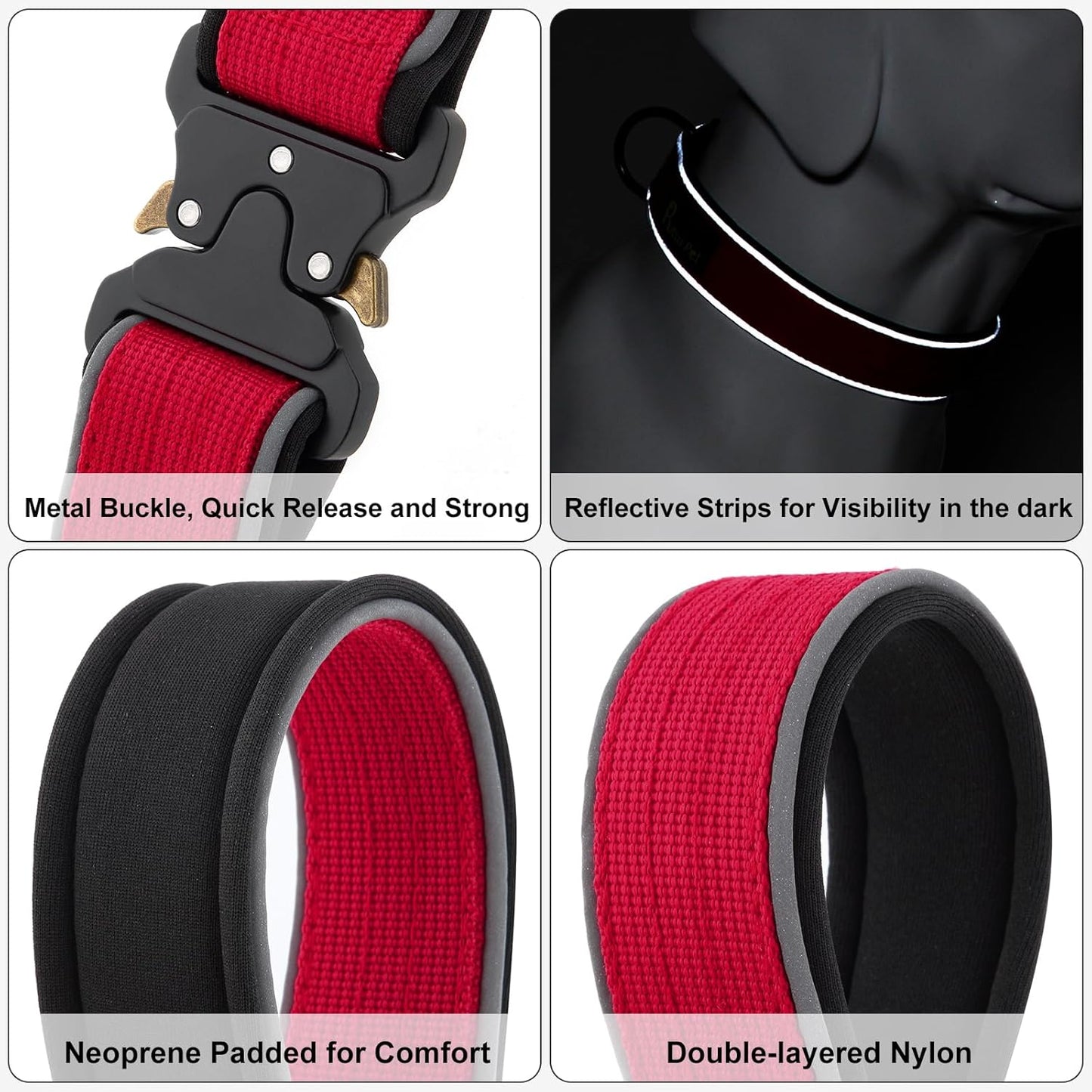 Plutus Pet Tactical Dog Collar, Reflective, Adjustable Heavy Duty Dog Collar, Soft Padded and Comfortable, for Small Medium and Large Dogs (Red, M)