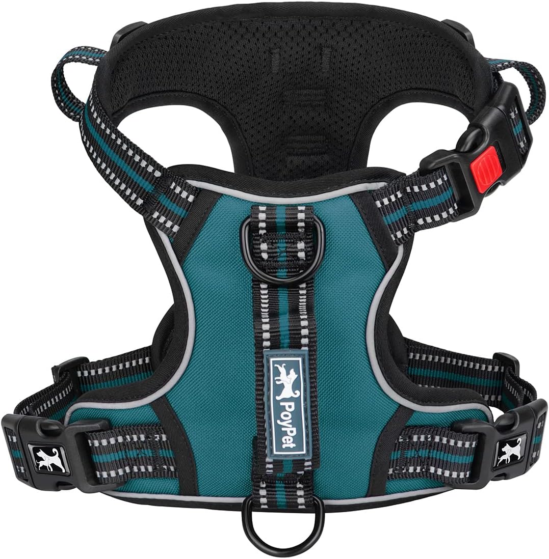 PoyPet No Pull Dog Harness, No Choke Front Clip Reflective Dog Vest with Soft Padded Vertical Handle, 3 Leash Attachments for Small Medium Large Dogs (Tumalo Teal,XL)