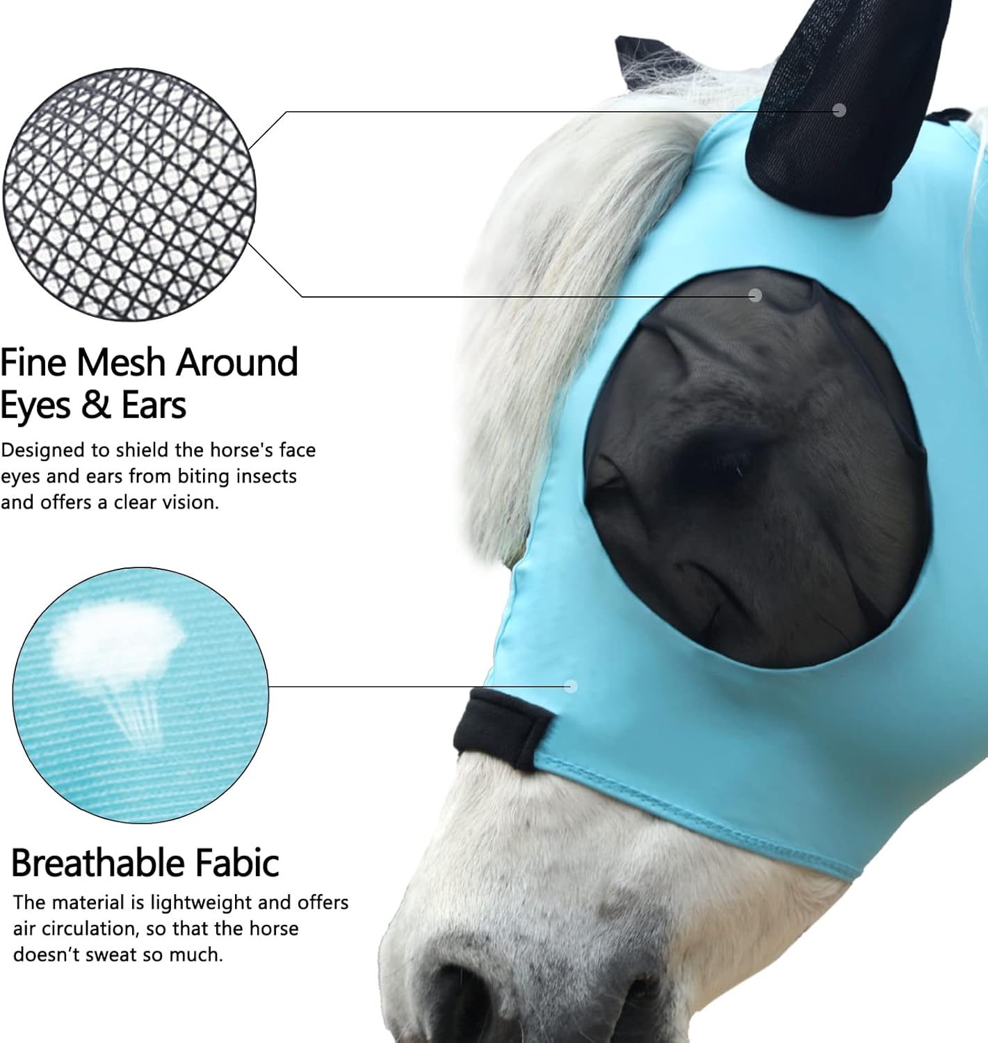 Horse Fly Mask with Ears - Large Eye Space for Full Vision, Breathable Stretch Comfort Fit, UV Protection, Forelock Opening, Easy Pull-On Paleblue Full