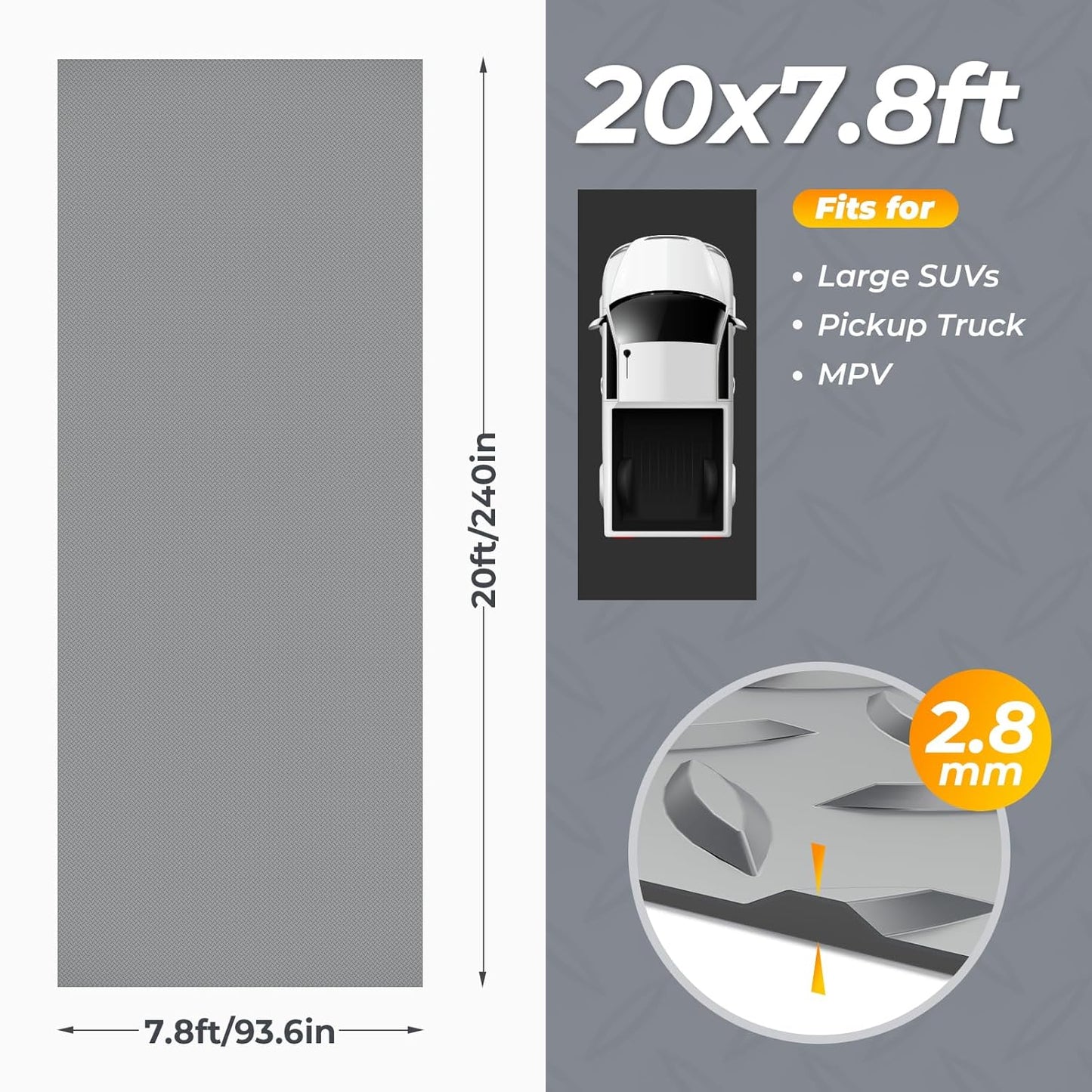 7.8 x 20 FT Garage Floor Mat, 2.8mm Thickness Diamond Plate Vinyl Garage Flooring Roll for Under Car, Large Size 156 SQFT for Large SUVs, MPV, Pickup Truck