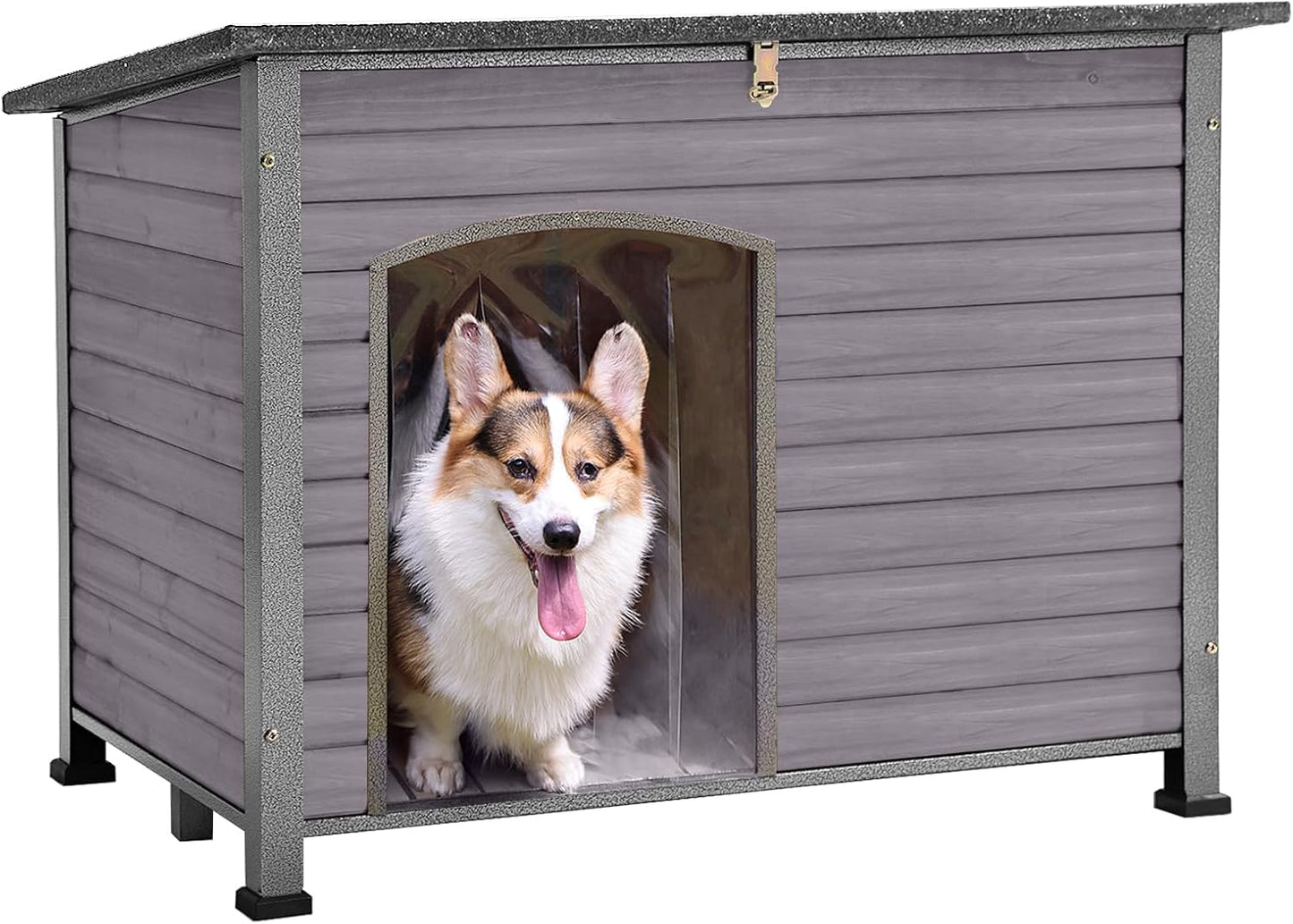 GUTINNEEN Chew Proof Dog House with Metal Iron Frame Outdoor Dog Kennel for Small Medium Large Indoor Dog Cage (43.3" L,Grey Color)