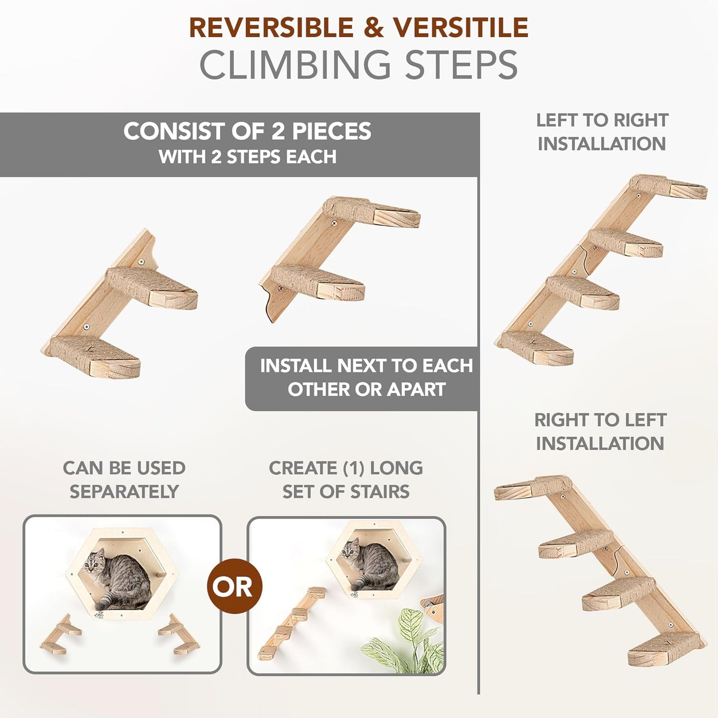 3-Piece Cat Wall Furniture Set - Hammock, Hexagon House, Climbing Steps - Wall Mounted Shelves, Perches, and Beds - Modern Design for Large Cats and Kittens & Spare Hammock Fabric Included