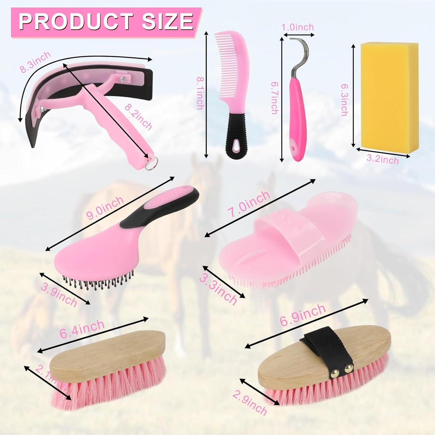 Horse Grooming Kits, 9 Pieces Pink, Includes Tote Bag, Bathing Supplies Sweat Scraper Bathing Sponge, Hoof Pick, Curry Comb for Horse Riders Beginners