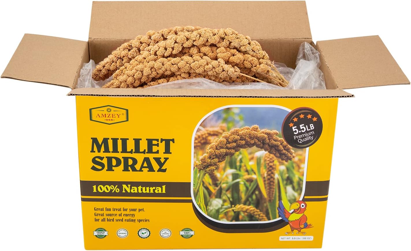 Amzey 5.5 LB Spray Millet for Parakeets, 100% Natural Dried Millet Grain for Birds, Non-GMO Bird Treat for Cockatiel, Finches, Parrots & Lovebirds