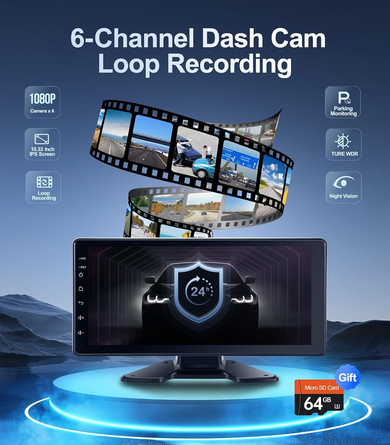 6-Channel Dash Cam 1080P Backup Camera System with 10.33 Inch Touch Parking Monitor,DVR Recording Back Up Camera for RV/Truck/Trailer/Van/SUV/Cars,Wireless Carplay/Android Auto/WiFi/Bluetooth/FM Radio