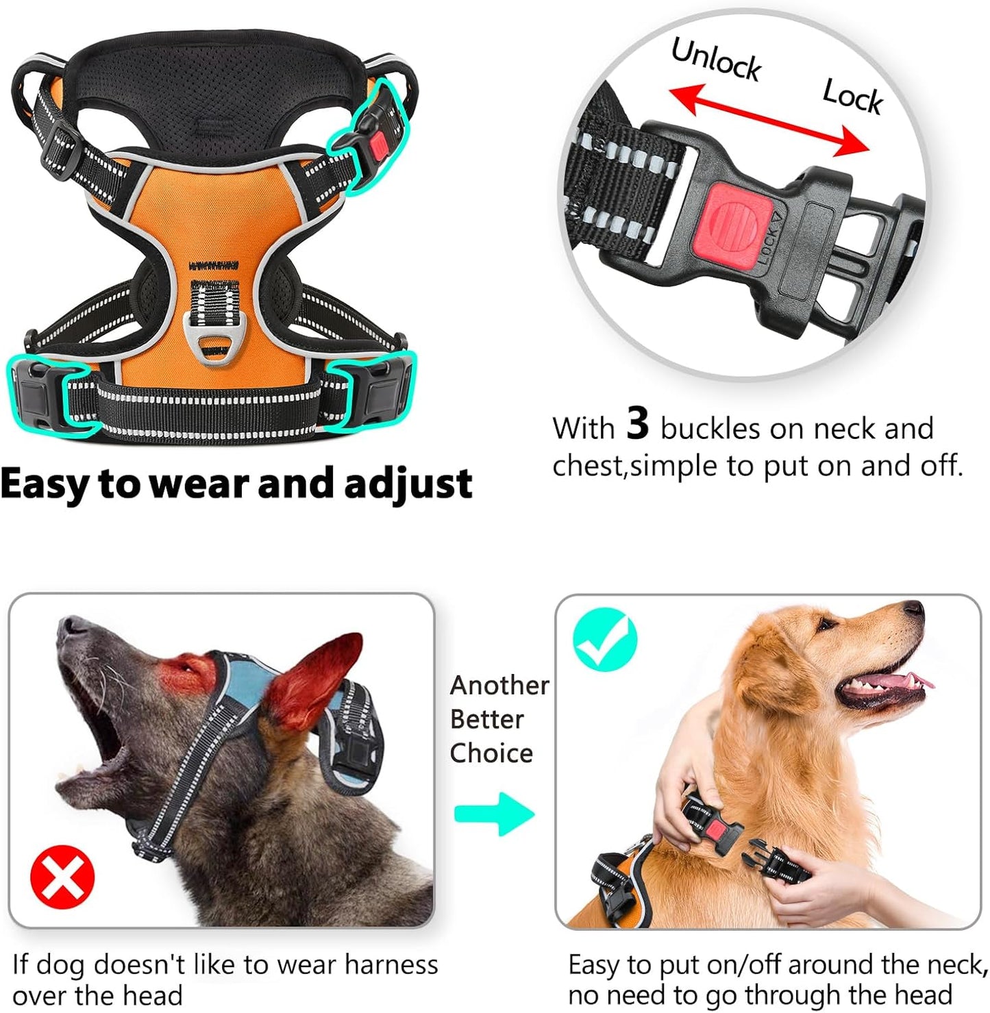 Timos Dog Harness Large Sized, No Pull with Neck Lockable Snap,No Choke Front Clip Dog Reflective Harness,Adjustable Metal Rings 3 Buckles,Easy Control Handle for Large Dogs Orange L