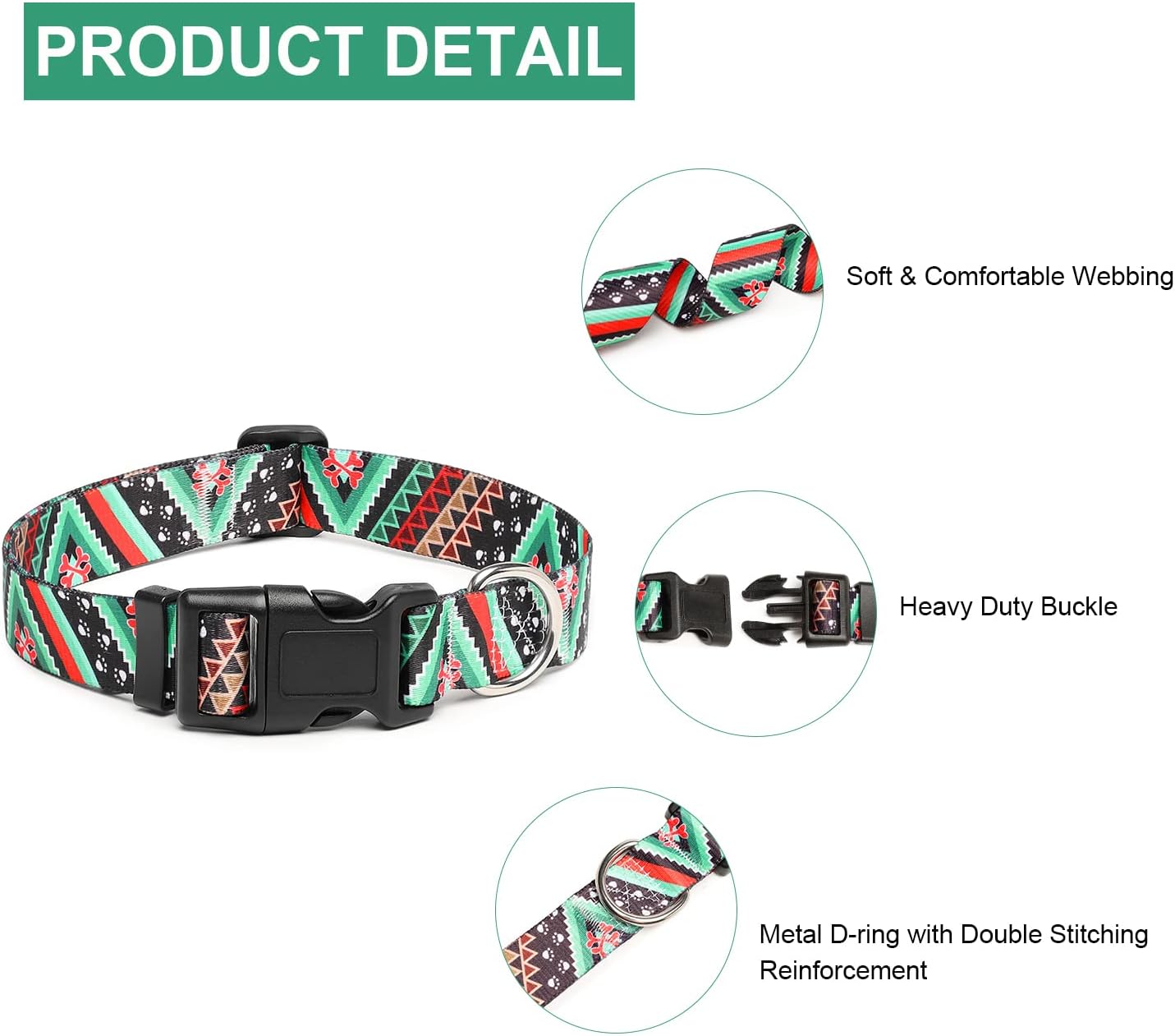 Mercano Adjustable Dog Collar - Special Design Patterns, Soft Nylon Comfortable Durable Pet Collar for Small Medium Large Dogs (XS, Ethnic Green)