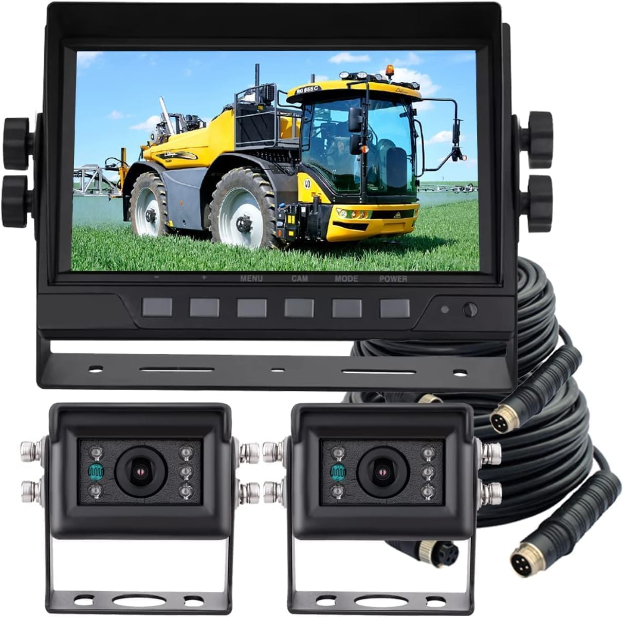 AHD 1080P Wired Reverse Rear View Backup Camera System,2 IR Camera with Waterproof IP69K, 7" Single View Monitor with TVS Protector,Vibration-Proof 10G for Tractor/Truck/Skid Steer/Heavy Equipment