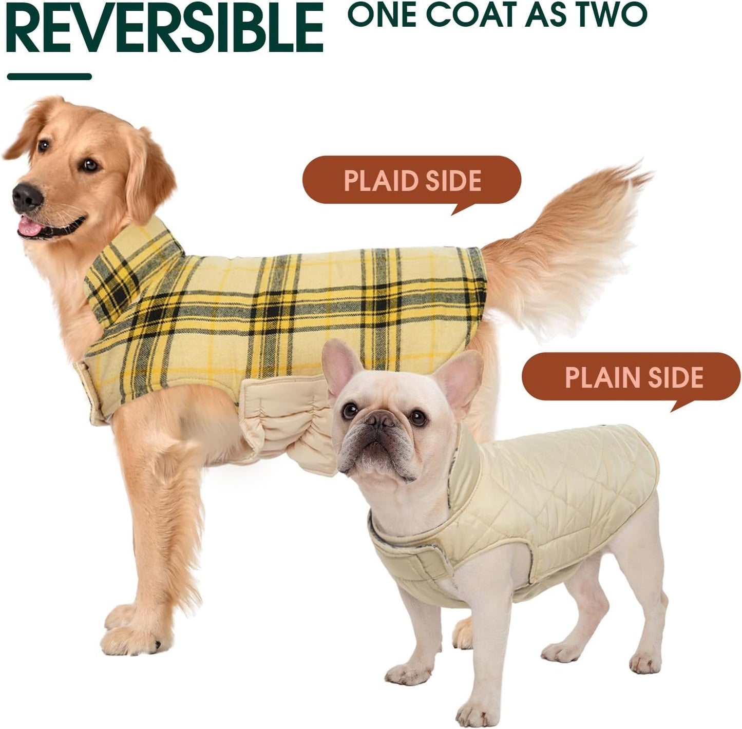 Kuoser Waterproof Dog Coat, Reversible Dog Jacket for Large Dogs, Adjustable Durable Doggie Winter Coat for Groowing Puppies Warm Puppy Cold Weather Apparel, Yellow L