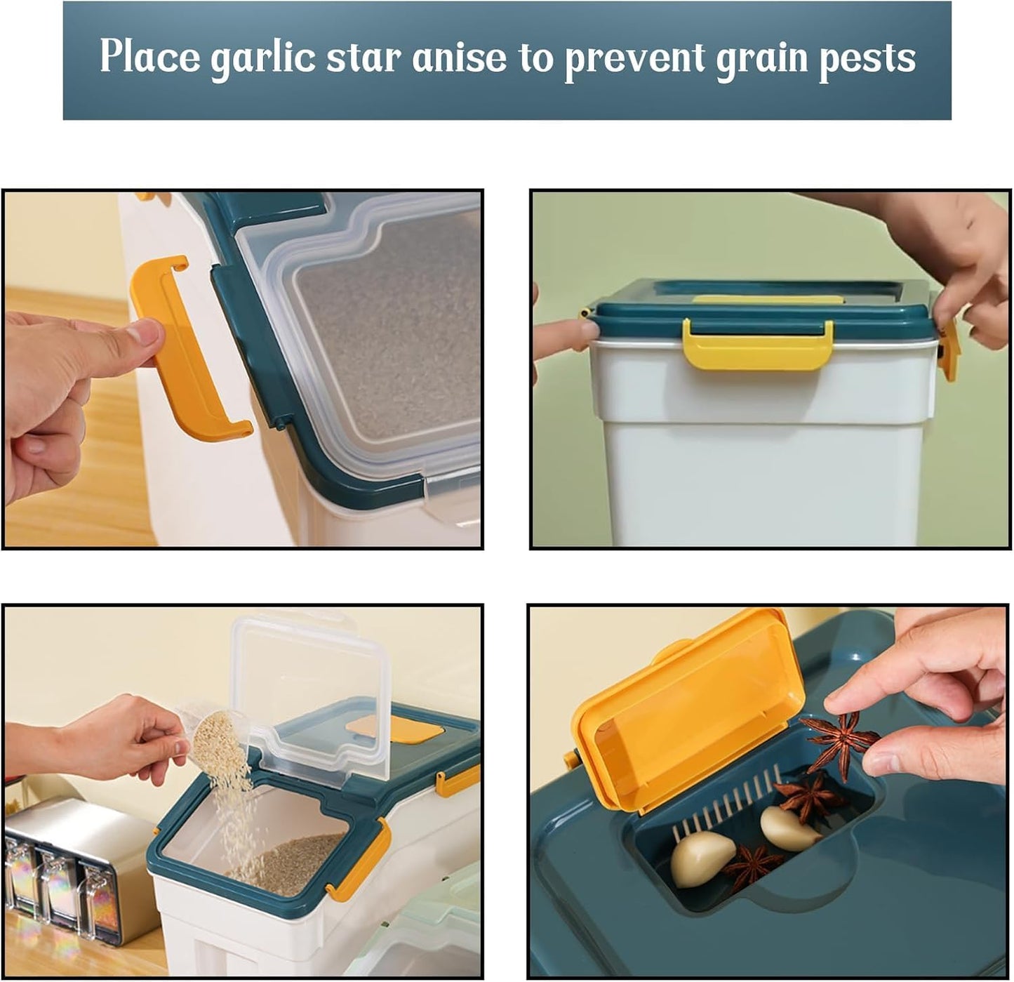 AnRui Rice Storage Container 50LB, Airtight Flour Storage Containers, Plastic Cereal Grain Dispenser Organizer Pet Food Storage Bin with Lid, Measuring Cup, Scoop, Blue, 2Pcs,Total Capacity:100LB