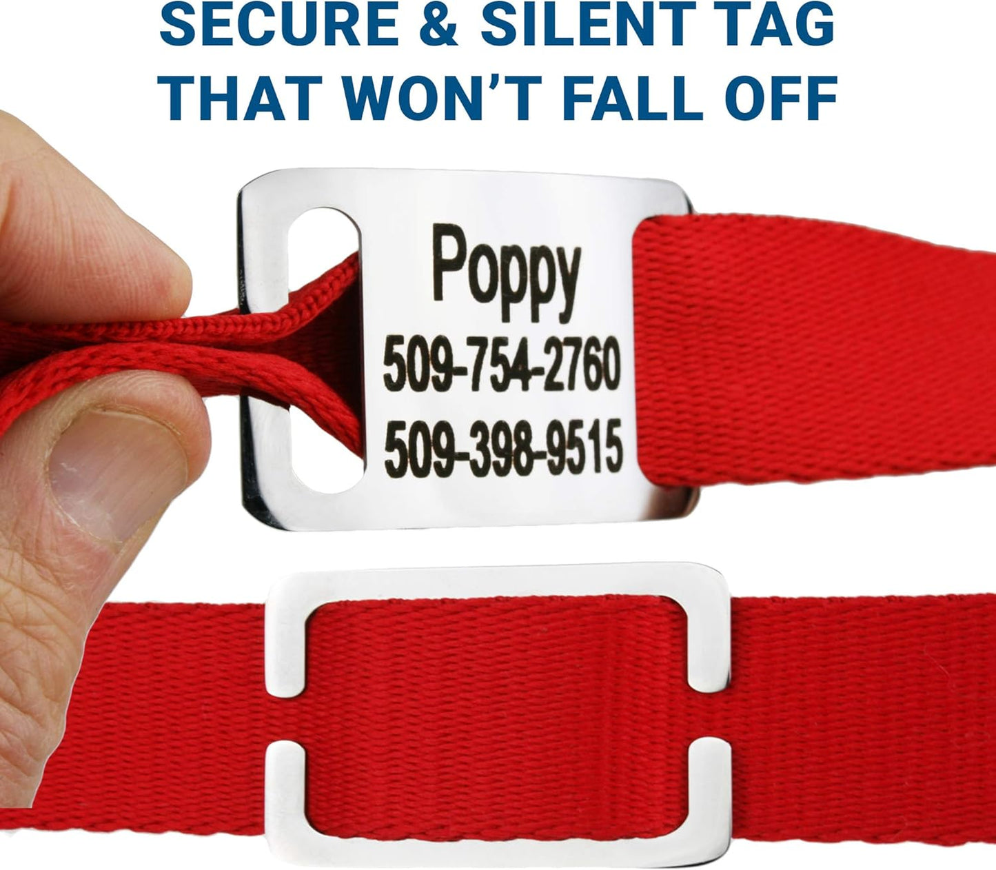 GoTags Personalized Dog Collar with Nameplate, Adjustable Dog Collar with Custom Engraved Slide On Pet ID Tag in Stainless Steel, Silent, No Noise Dog Tag for Large Medium and Small (Red, Medium)